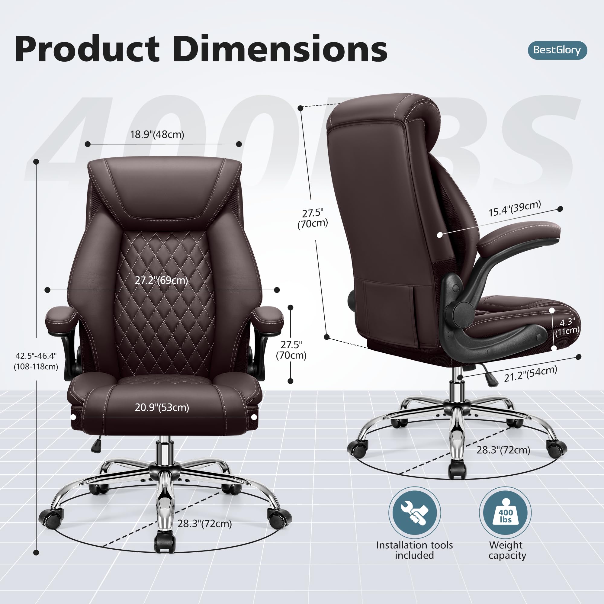 Ergonomic High Back Office Chair - Big & Tall Breathable Leather Desk Chair with Lumbar Support & Flip-Up Armrests - Adjustable Computer Chair with Rocking Function for Home Office, Gaming & Workspace Comfort