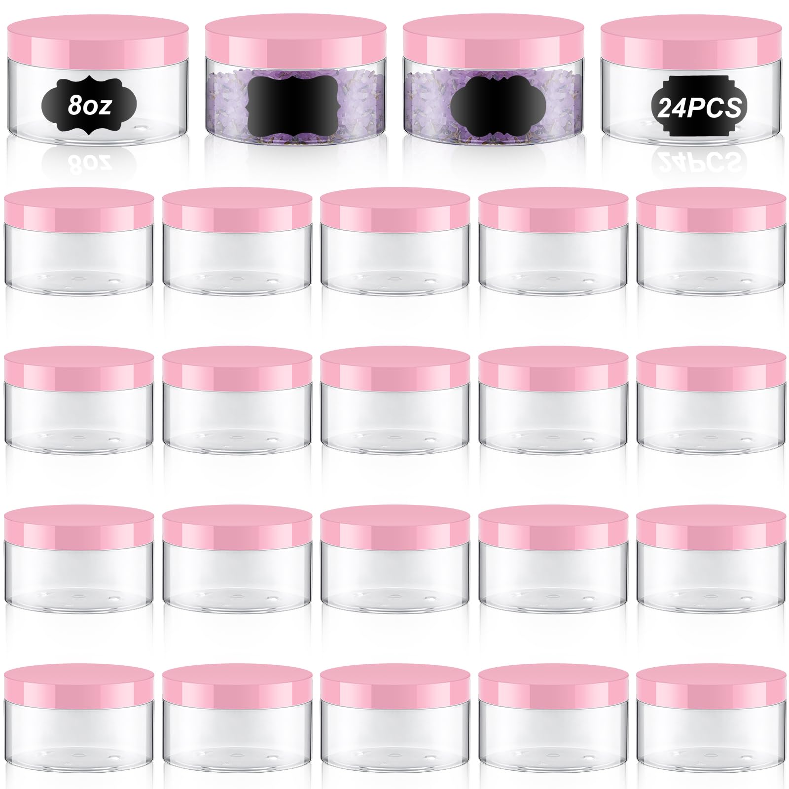 Dandat 24 Pack 8 oz Plastic Jars with Lids - Leak Proof PET Cosmetic Containers for Lotion, Cream, Gel & Powder - Refillable Travel Storage Jars (Clear with Pink Lid) | Perfect for DIY Beauty, Skincare Products & Travel Essentials