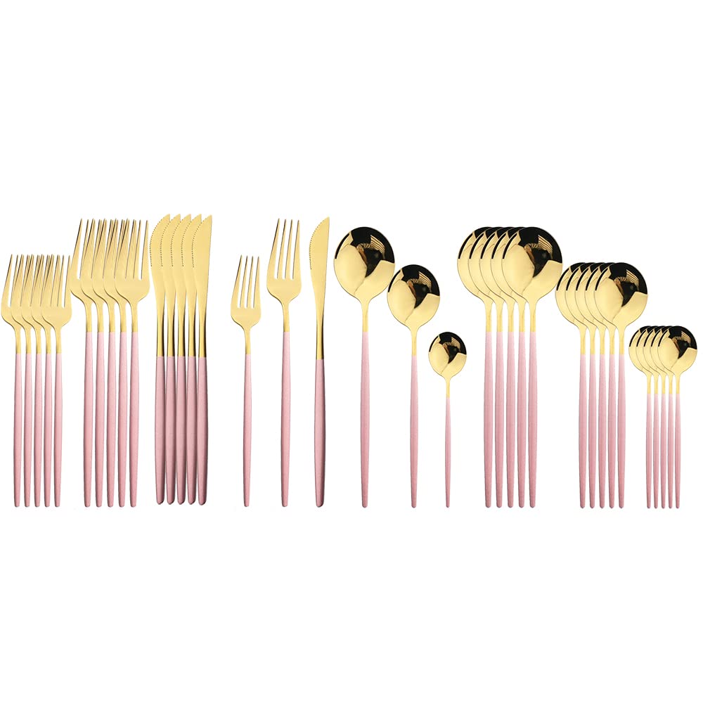 36-Piece Stainless Steel Silverware Flatware Set - Knife, Fork, Spoon, Teaspoon for Dinner & Dessert - Elegant Pink Gold Cutlery Set for Kitchen, Dining & Entertaining