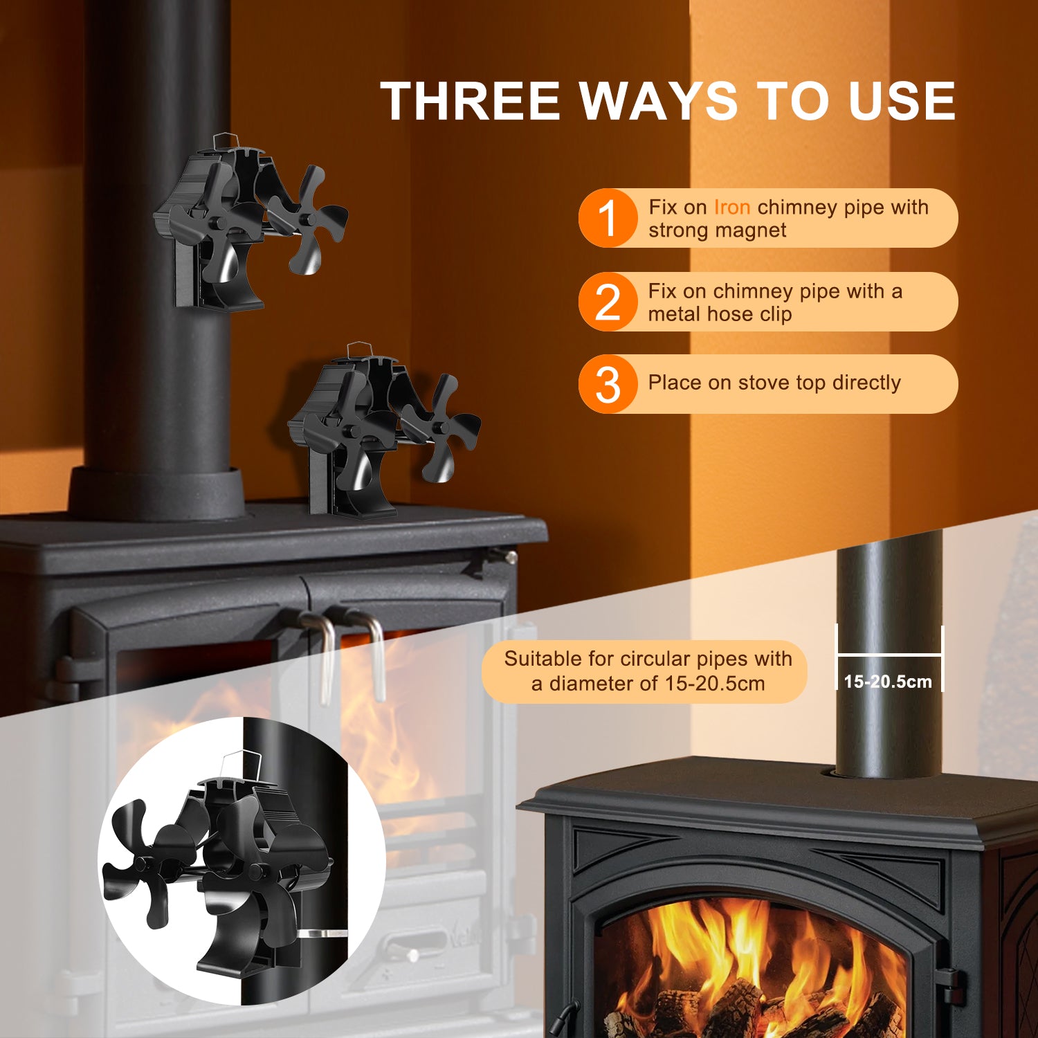 VODA Magnetic Wood Stove Fan - 3 in 1 No Power Required for Fireplace, Wood Stove & Stove Pipe - Perfect for Heating Efficiency & Home Comfort