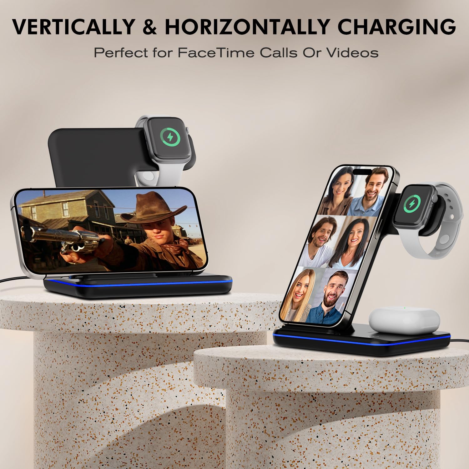 3-in-1 Fast Wireless Charging Station 15W for iPhone 15/14/13/12/11/Pro/Max/XS/XR/X/8/Plus, Apple Watch Series 2-9/SE & AirPods 2/3/Pro - Qi Certified Multi-Device Charger for Home, Office & Nightstand Use