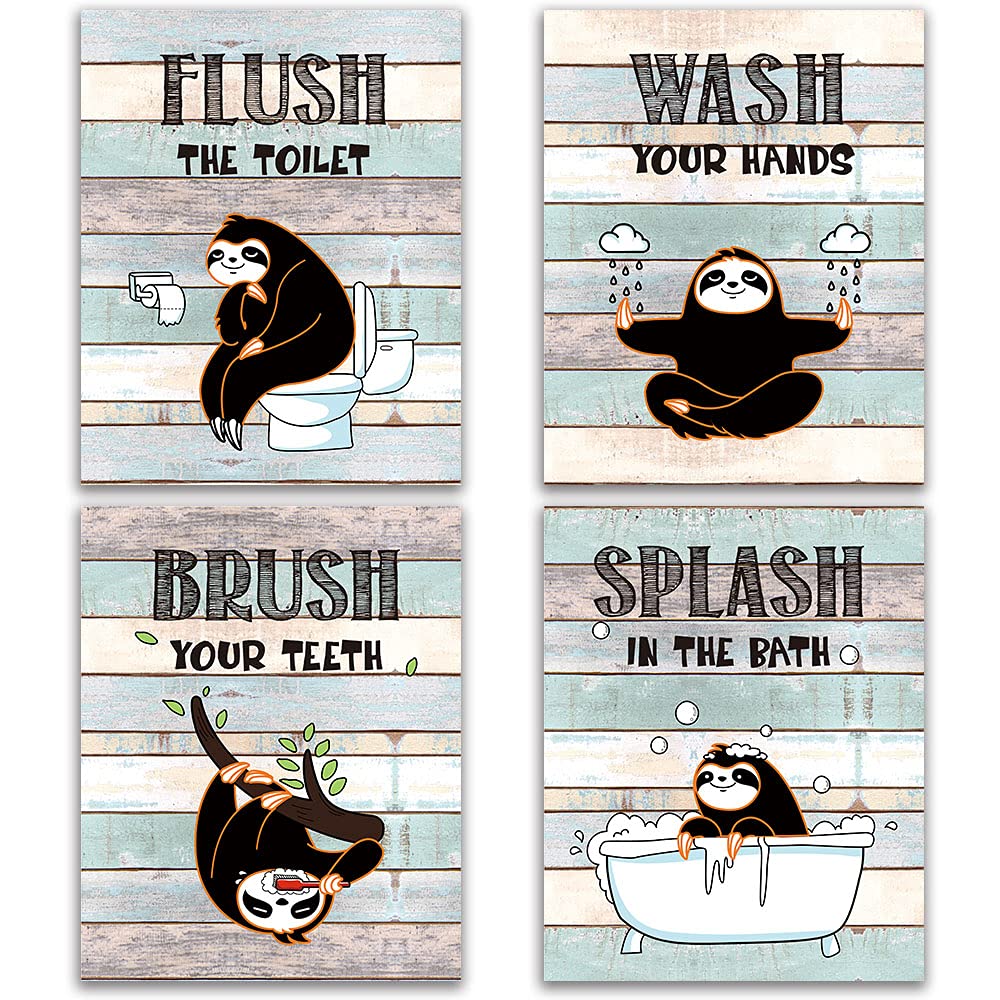 Sloth Wall Art Decor - 4 Set 8”x10” Unframed Rustic Bathroom Posters for Kids & Sloth Lovers - Inspirational Wash Brush Flush Nursery Decor - Perfect for Bathrooms, Playrooms & Kids' Bedrooms