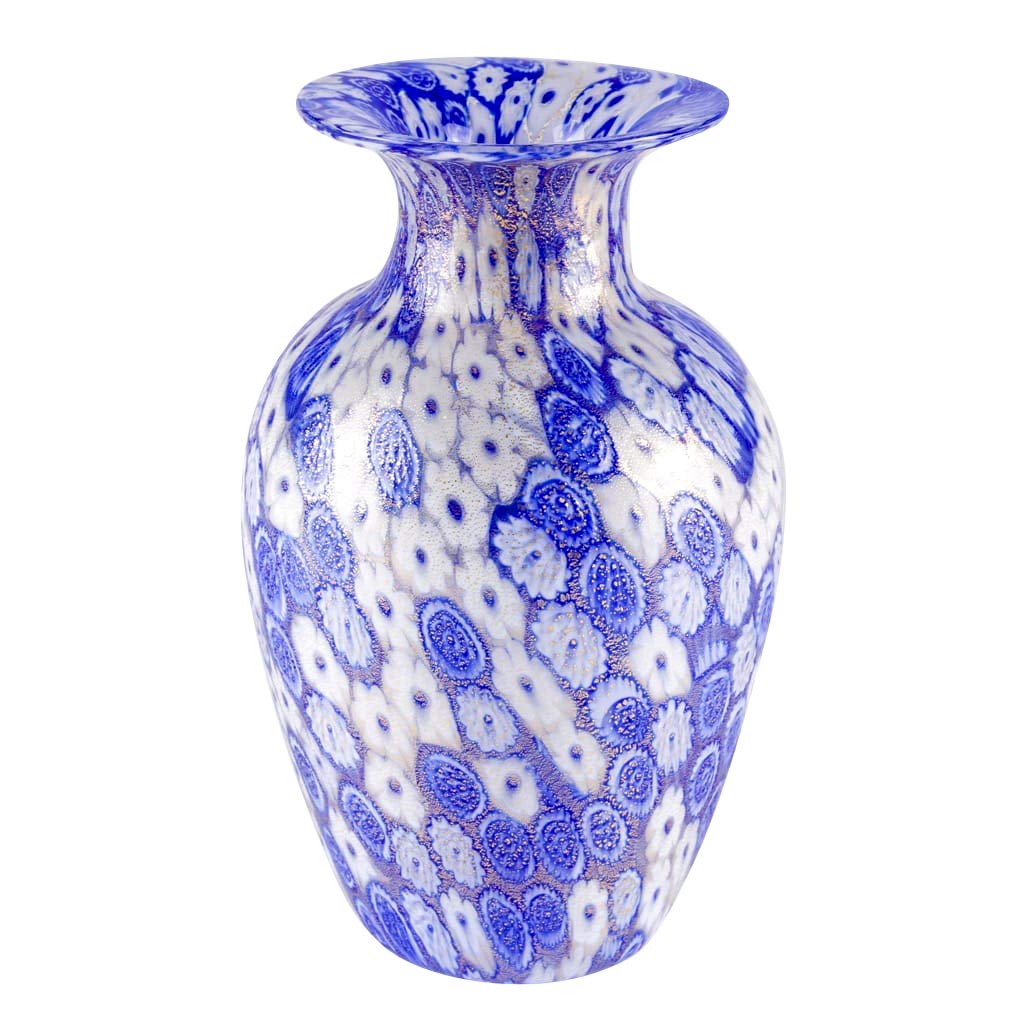 Handmade Murano Glass Vase - Millefiori Blue & White Floral Design - Perfect for Home Decor, Wedding Centerpieces & Luxury Gifts