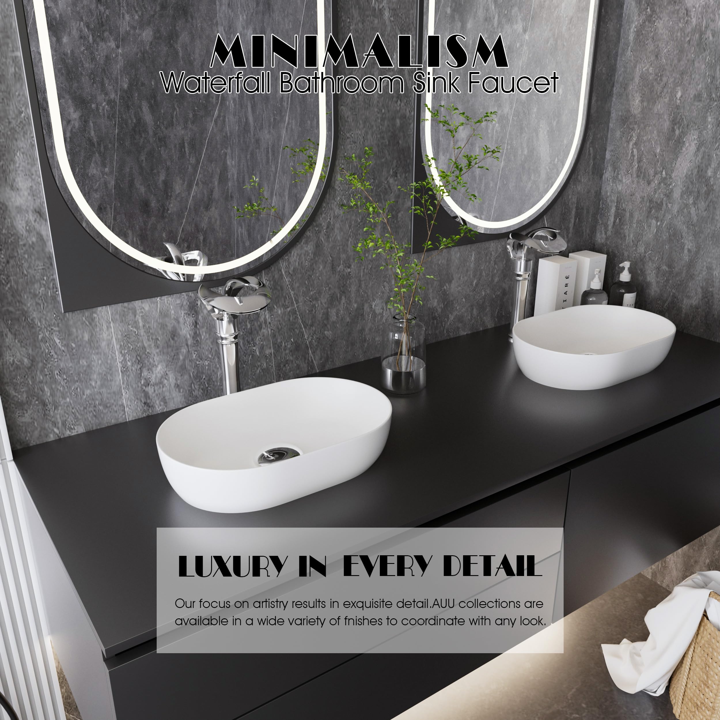 AUU Elegant Single Hole Waterfall Bathroom Sink Faucet - Solid Brass Tall Vessel Faucet with Pop Up Drain & Supply Line - Chrome Finish for Modern Bathroom & Powder Room Decor