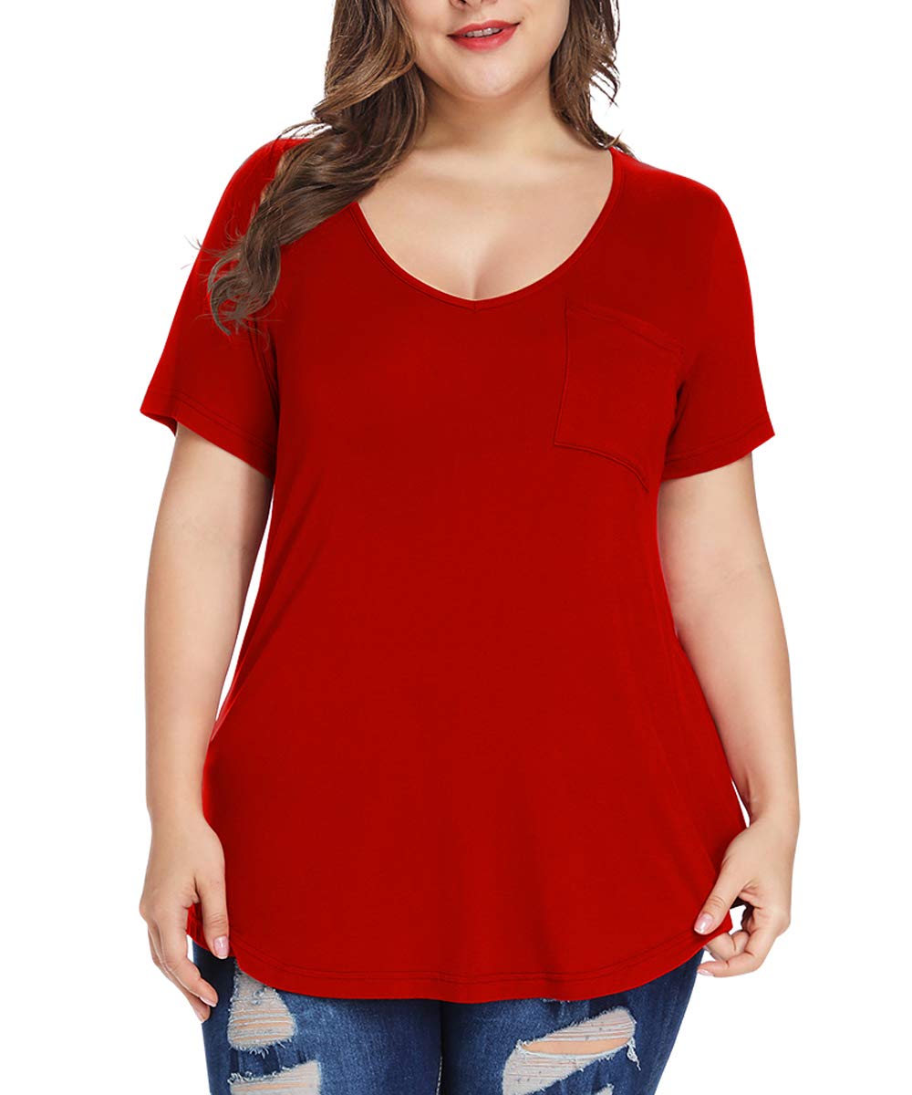 MONNURO Plus Size Women's Casual V-Neck Short Sleeve T-Shirts with Pocket - Summer Comfort Top for Work, Travel & Everyday Wear