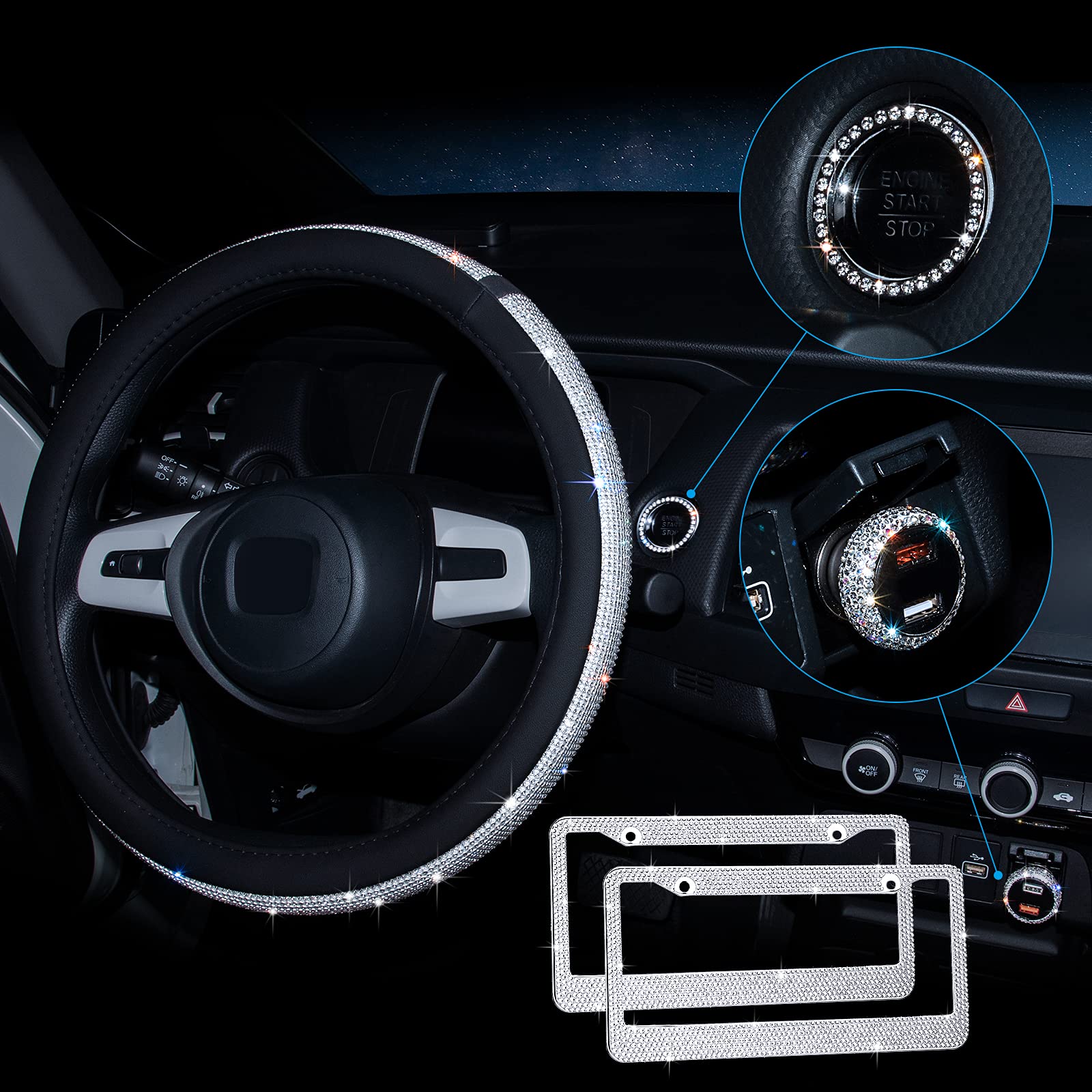 Bling Car Accessories Set - 5pc Steering Wheel Cover & USB Charger for Women | Car Decor Upgrade