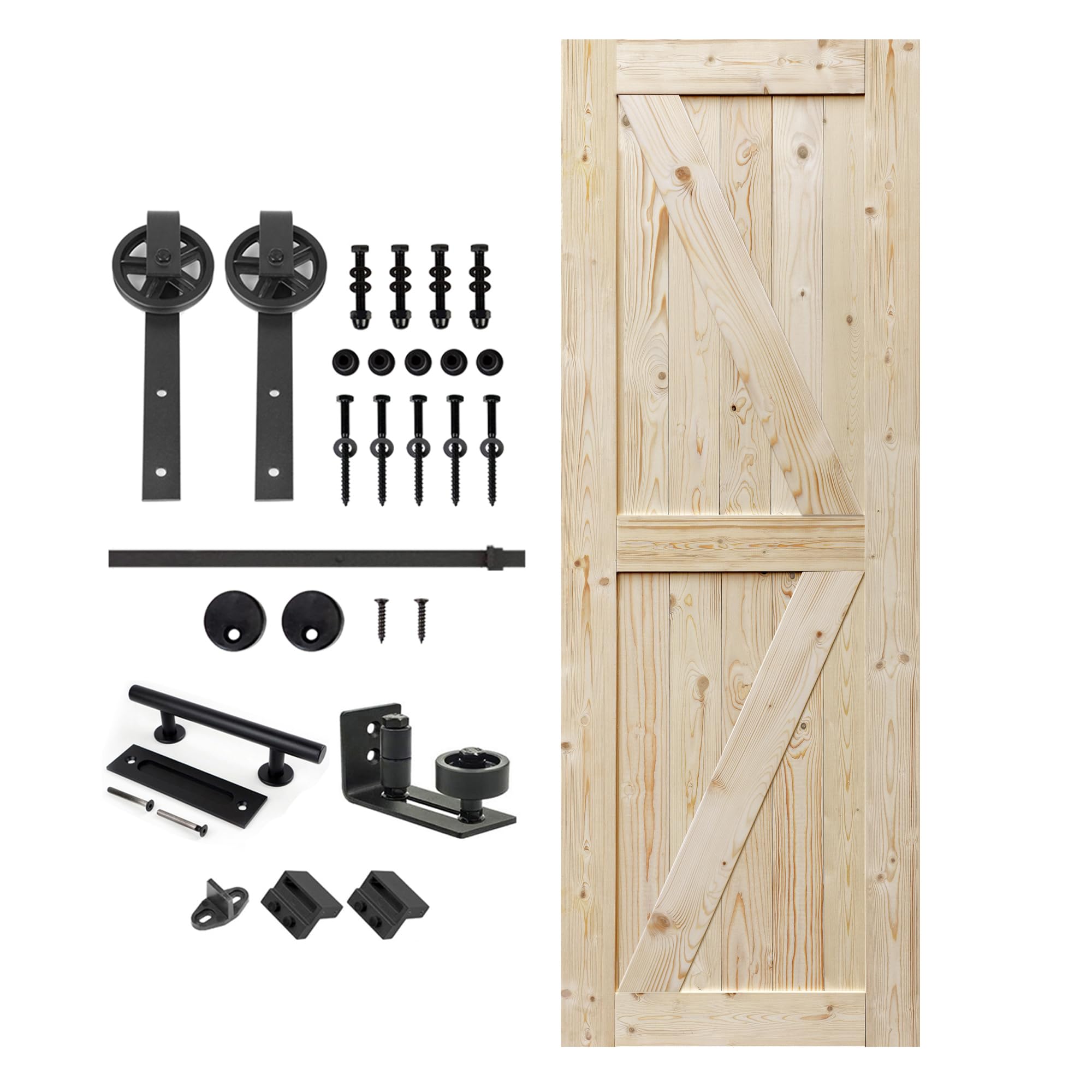 **S&Z TOPHAND 30x84 Inch Unfinished British Brace Knotty Barn Door with 5FT Sliding Hardware Kit - Solid Wood, Double Surfaces, Easy Assembly (30, Door + Big Wheel) - Perfect for Farmhouse, Rustic, and Modern Home Décor**