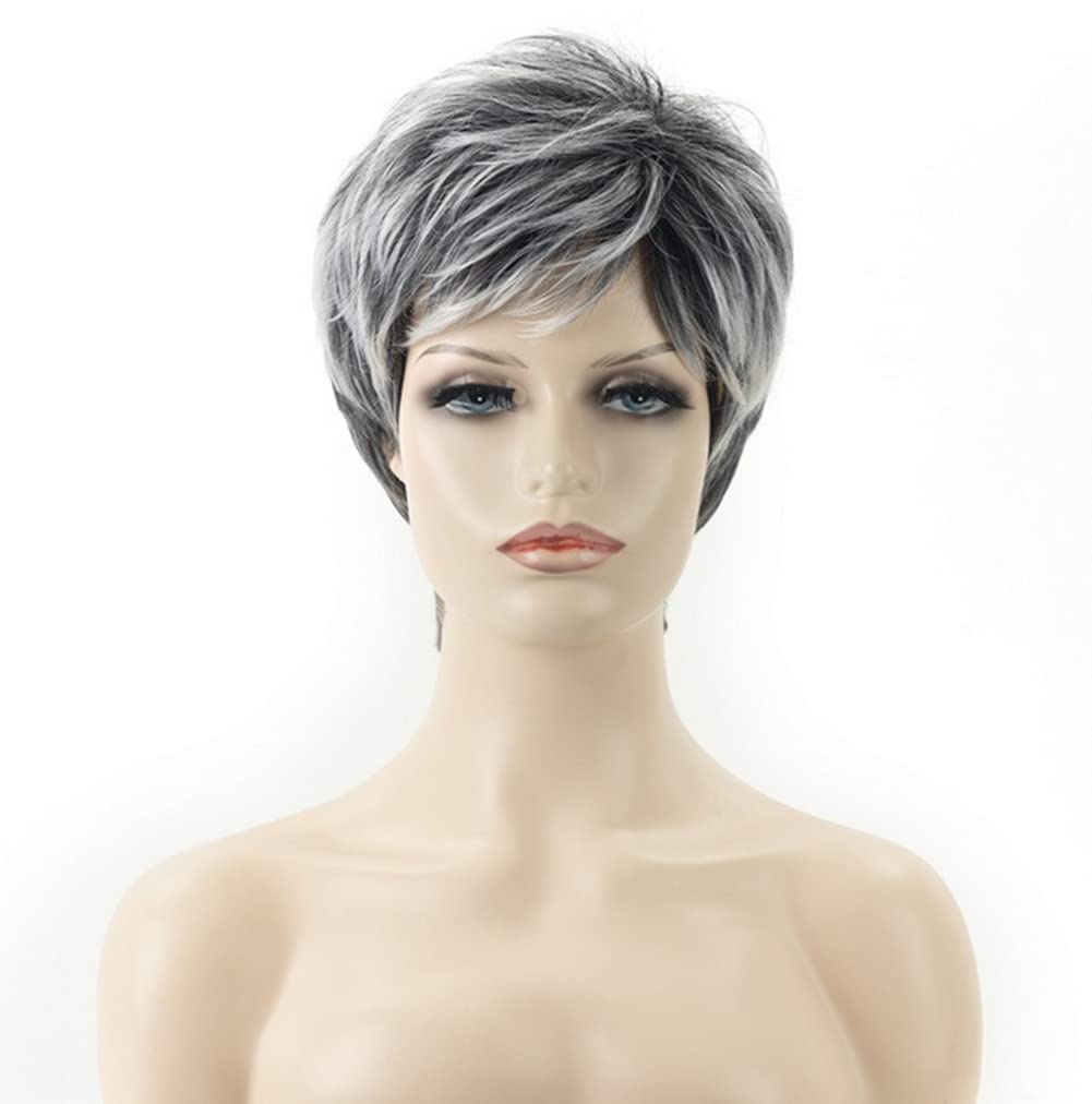 Grey Wig with Oblique Bangs - Fluffy Short Hair Black to Silver Gradient Wig for Women | Natural Daily Use Wig for Girls & Middle-Aged Women | Perfect for Cosplay, Parties & Everyday Styling