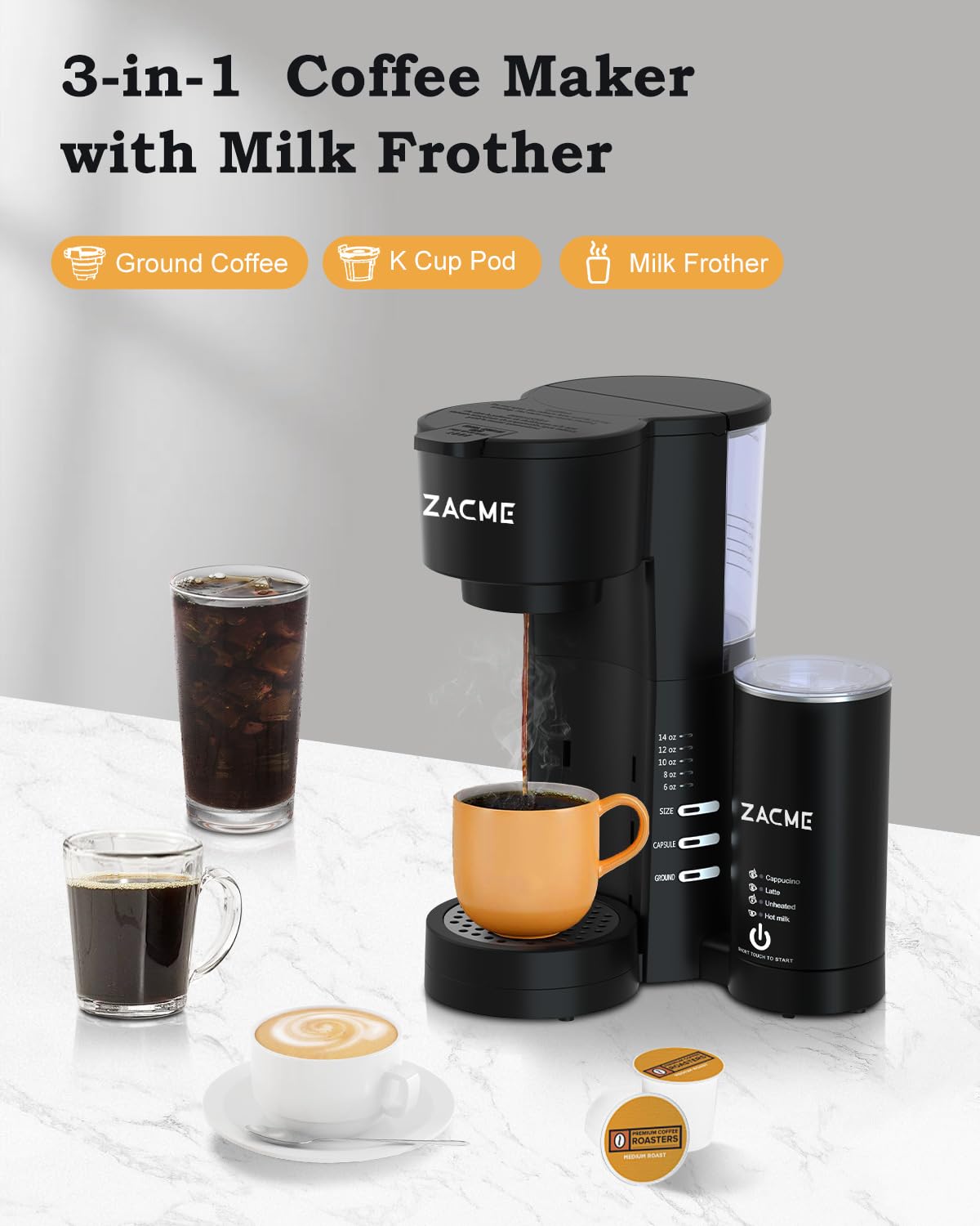 3-in-1 Single Serve Coffee Maker for K-Cups & Ground Coffee with Milk Frother - 28oz Water Tank, 6-14oz Brew Sizes - Perfect for Home, Office & Dorm Use