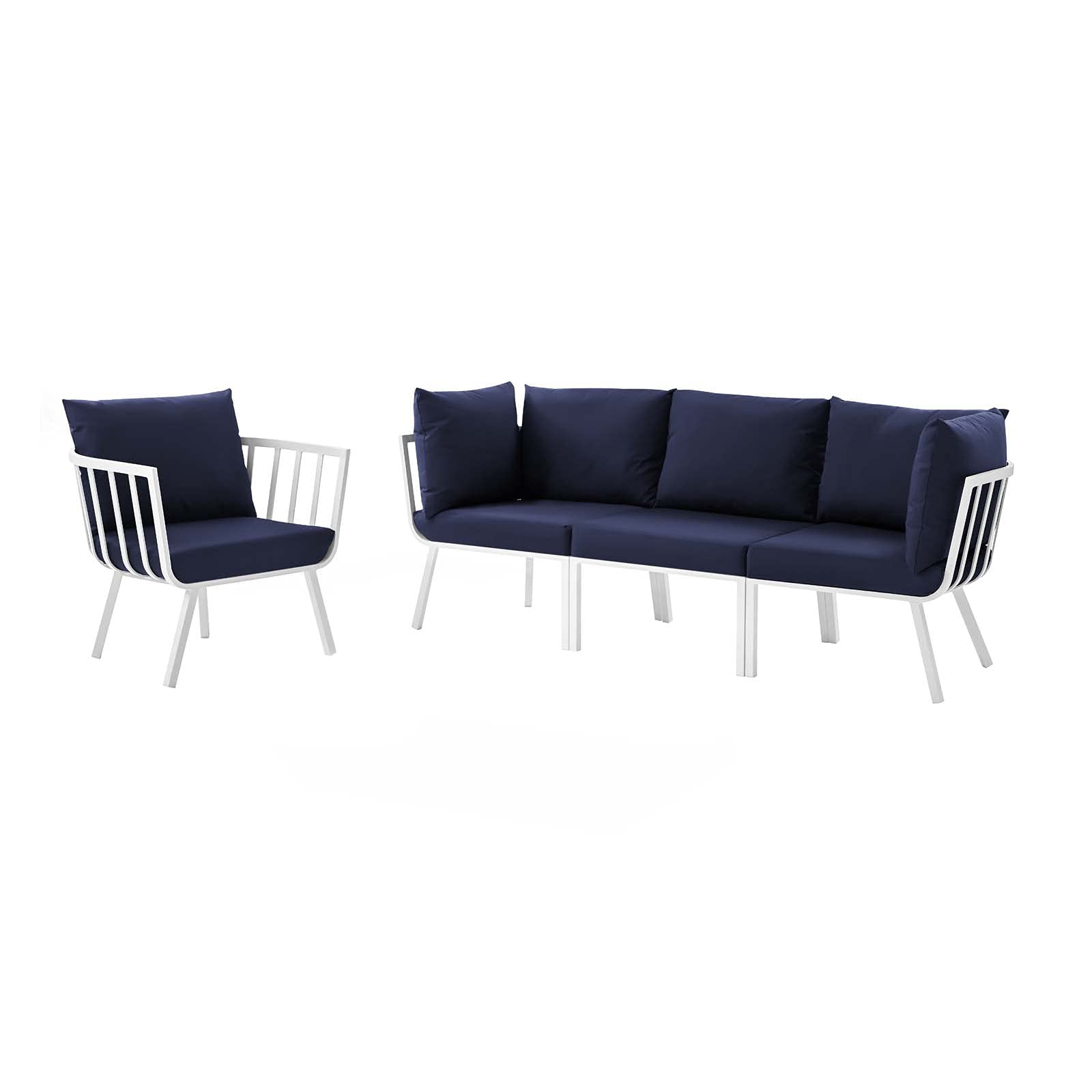 Modern Aluminum Lounge Sectional Sofa Chair Set in White Blue Navy - Durable Metal Outdoor Patio Furniture for Cafe, Bistro, and Garden Relaxation