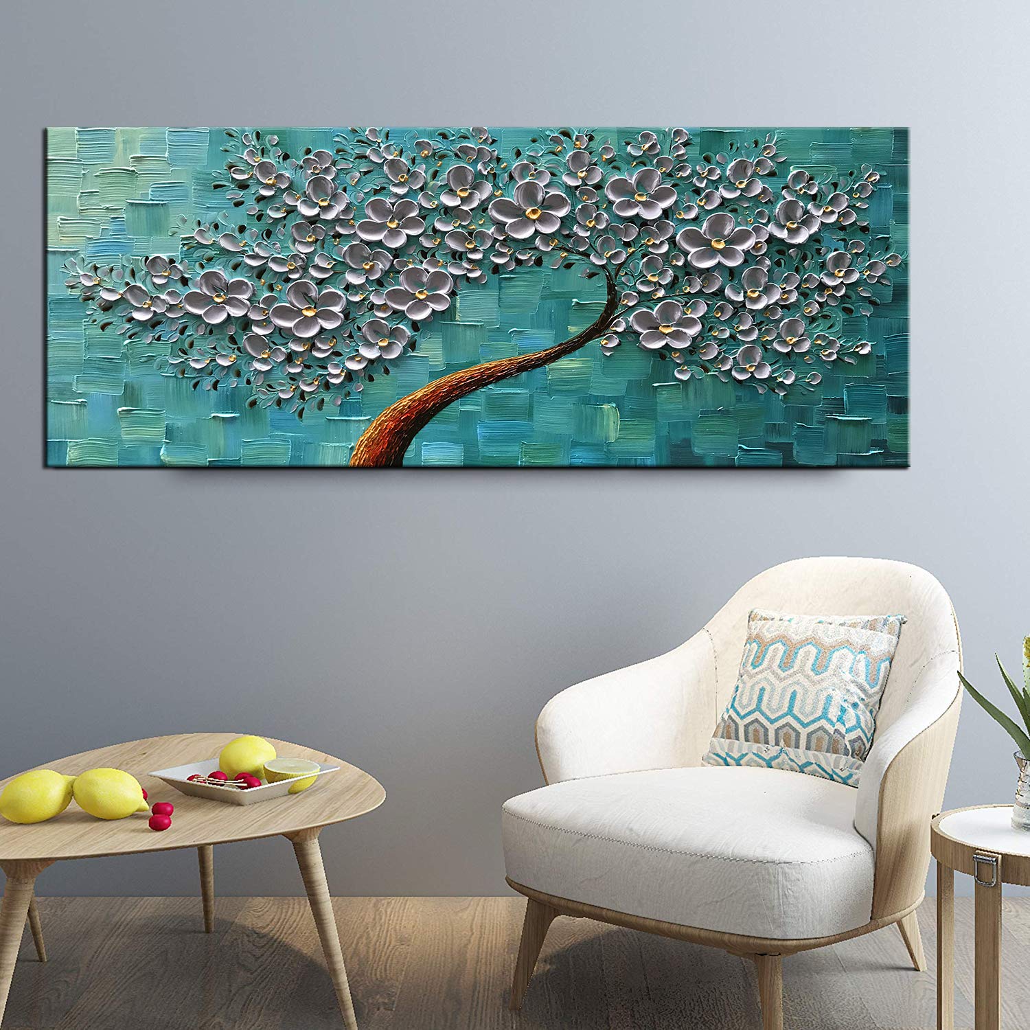 YaSheng Art - 24x60 Inch Large Abstract Floral Oil Painting on Canvas, 3D Texture Palette Knife Art, Silver Flower Tree Wall Decor - Perfect for Living Room, Bedroom & Office Wall Art
