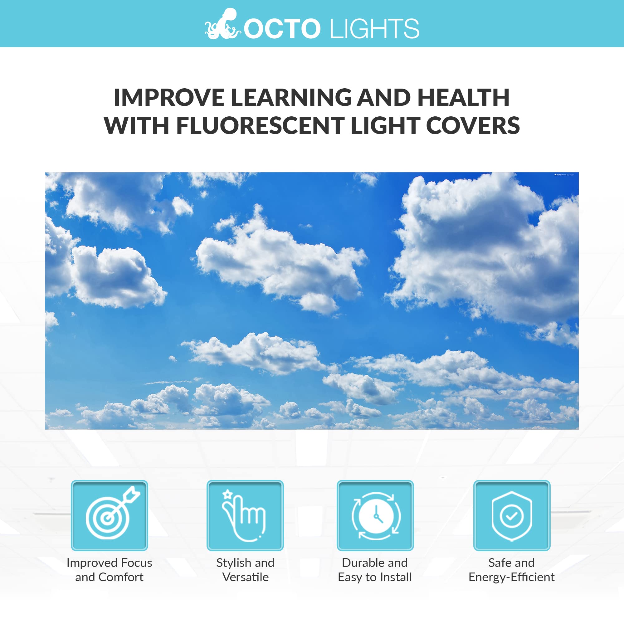 OCTO LIGHTS Fluorescent Light Covers for Classroom & Office - Reduce Eye Strain & Headaches by Eliminating Harsh Glare (4-Pack, Cloud Design) - Perfect for Schools, Hospitals, and Workspaces
