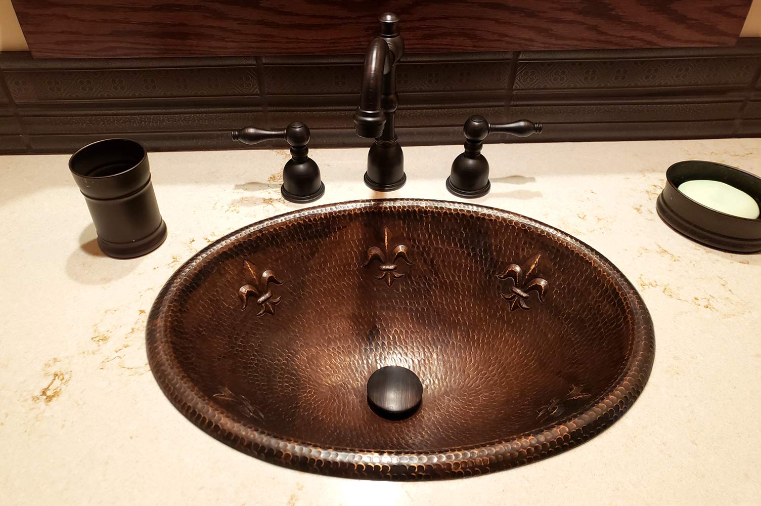 Premier Copper Products LO19RFLDB 19-Inch Oval Fleur De Lis Hammered Copper Sink with Oil Rubbed Bronze Finish - Perfect for Farmhouse, Rustic Kitchen & Bathroom Decor