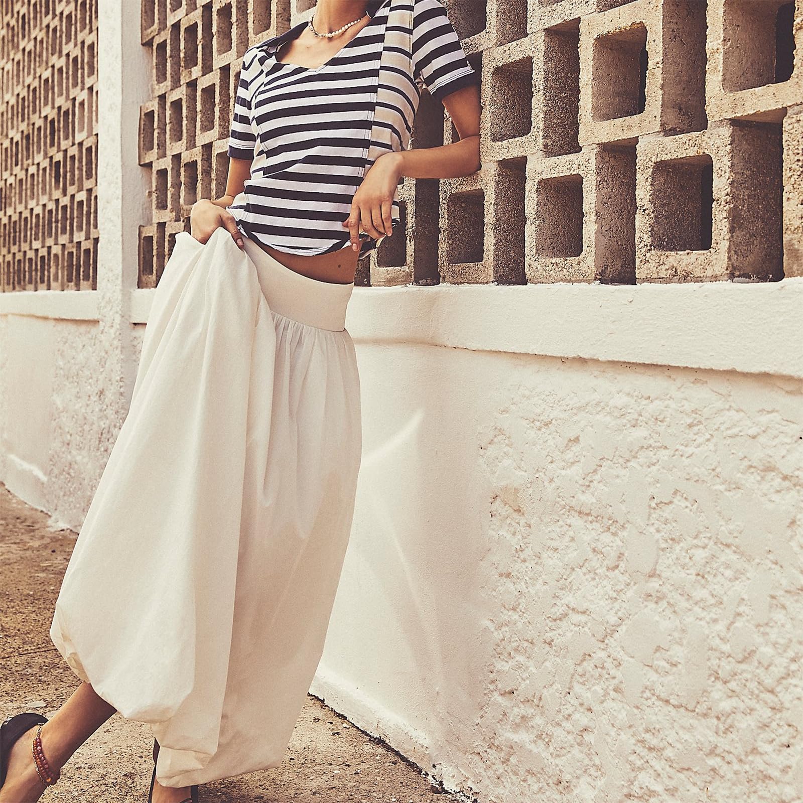 NUFIWI Women's Y2K Bubble Maxi Skirt - Low Elastic Waist A-Line Long Skirt with Ruffle Pleats | Summer Casual Midi Dress for Beach, Vacation & Boho Outfits
