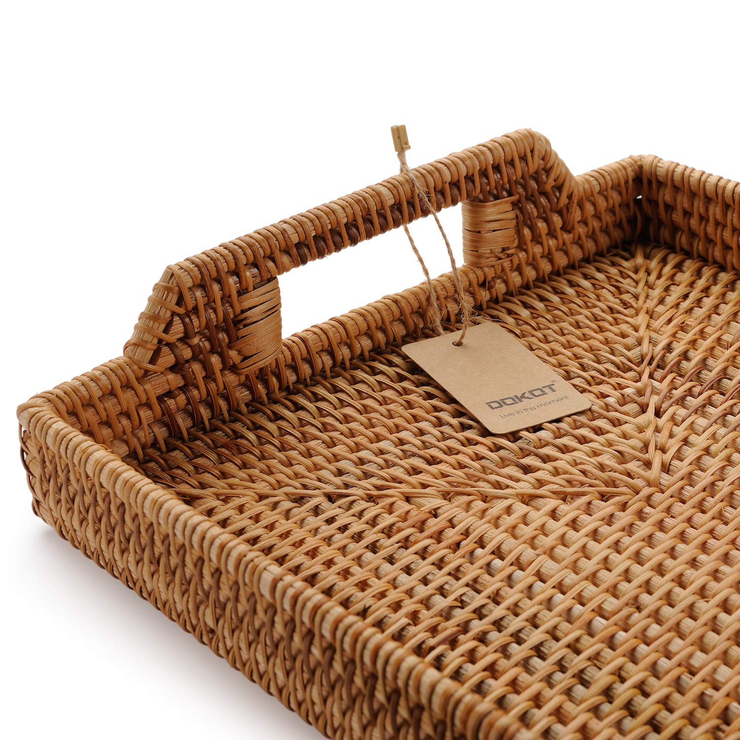Hand-Woven Rattan Rectangular Serving Tray with Handles - 17x11.4x1.8 Inches - Perfect for Breakfast in Bed, Coffee Table Snacks, and Cocktail Serving - Natural Woven Basket for Home Decor & Entertaining
