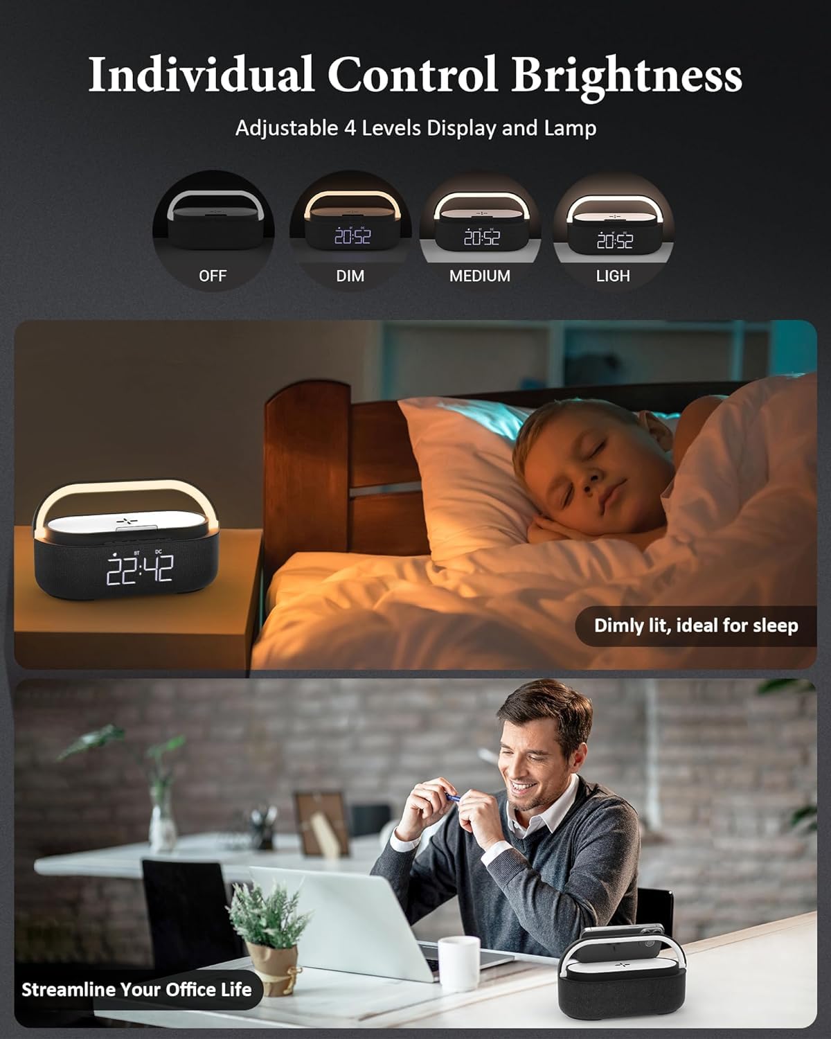 COLSUR Wireless Charging Digital Alarm Clock Radio - FM Radio, Bluetooth Speaker, USB Charging Port, LED Display, Phone Stand with Night Light | Perfect for Bedroom, Office, and Travel