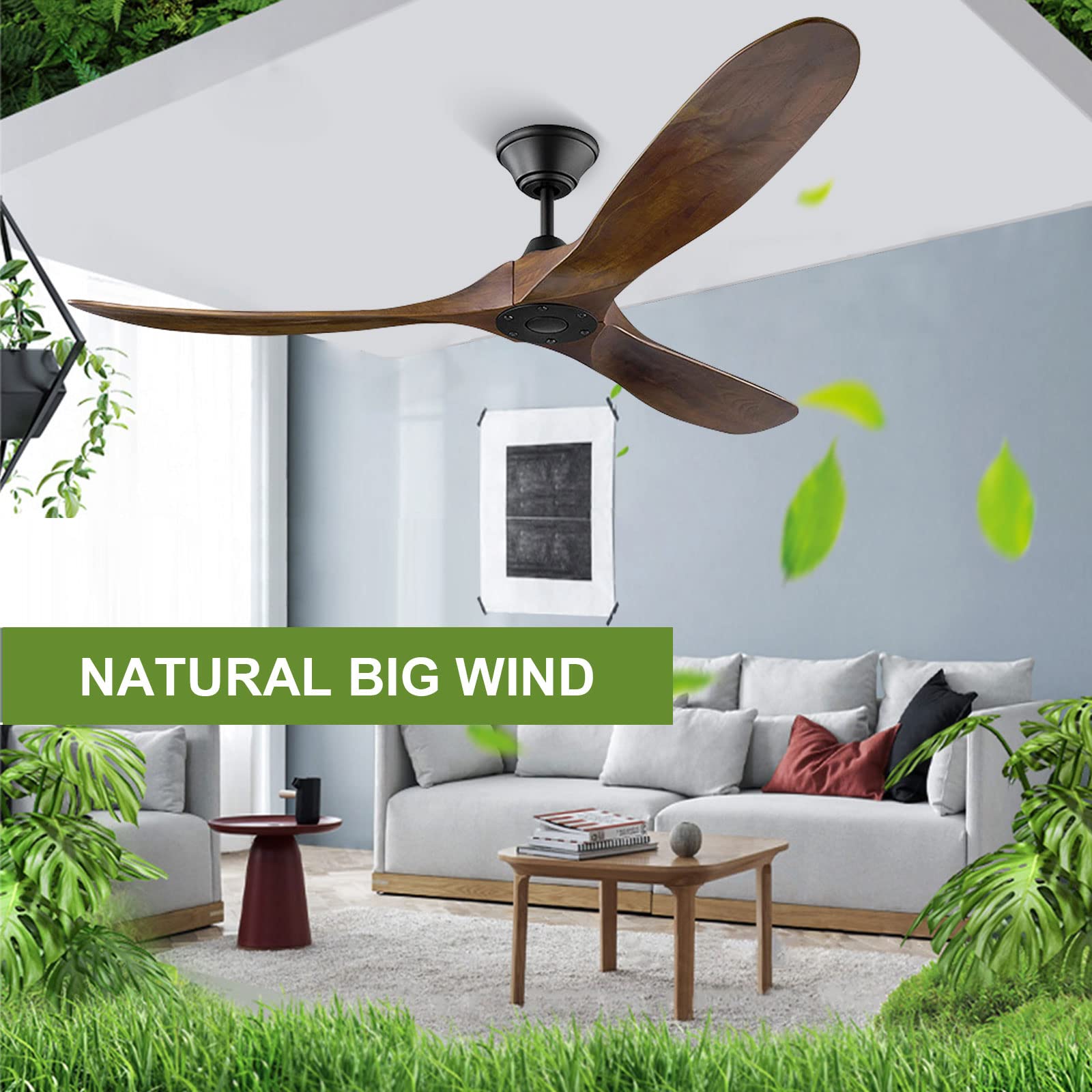 70 Inch Modern Ceiling Fan No Light - Industrial Farmhouse Style Indoor/Outdoor Ceiling Fan for Patio, Bedroom & Living Room - Silent Inverter Motor - Brown Finish - Perfect for Home, Office and Commercial Spaces