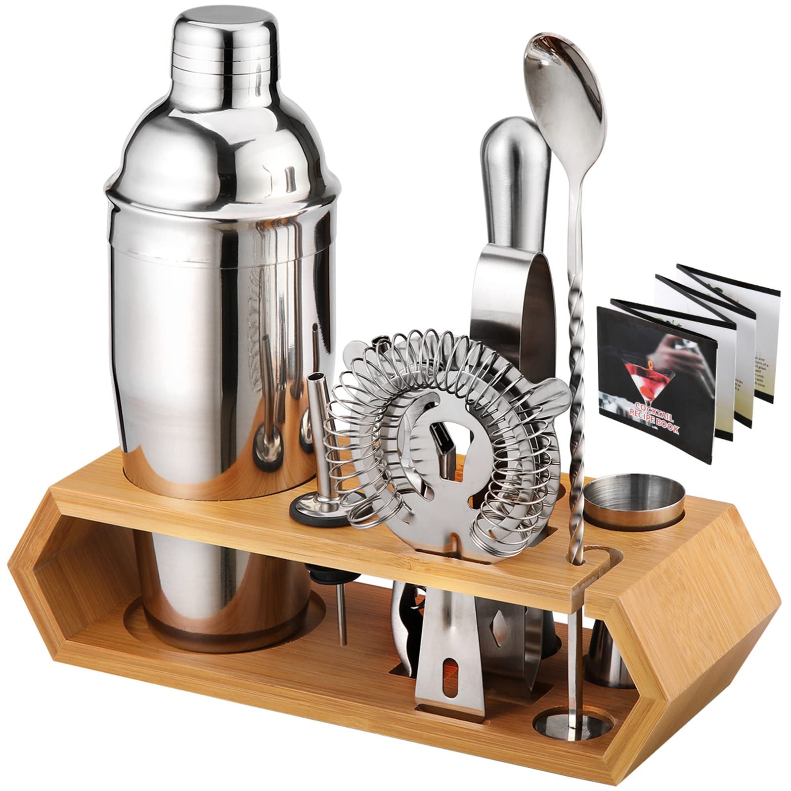 Premium 10-Piece Stainless Steel Cocktail Shaker Set with Bamboo Stand - Professional Bartender Kit for Mixing Martinis, Mojitos & Cocktails - Perfect Bar Tools Gift Set for Men, Dad & Grandpa - Home Bar Essentials for Parties & Entertaining