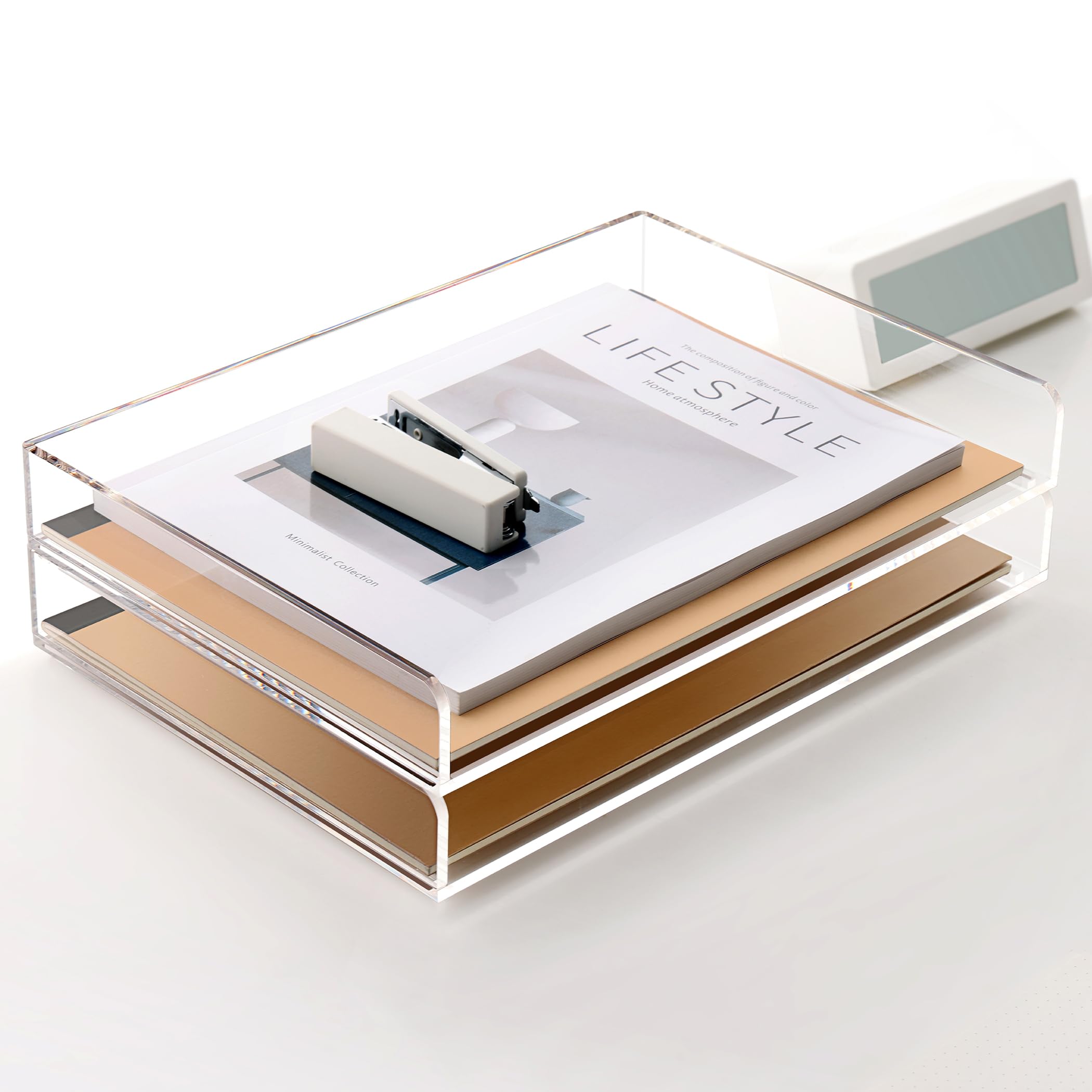 2-Pack Clear Acrylic Stackable Paper Letter Trays - A4 File Organizer & Desk Accessory for Office, Home, Workspace - 12.4