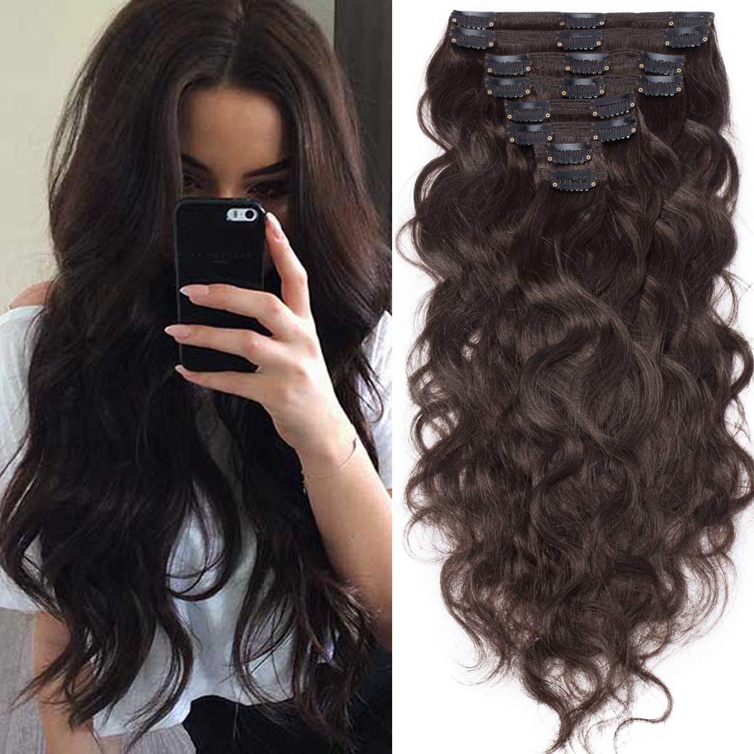 S-noilite 18 Inch Clip in Hair Extensions - 100% Remy Human Hair, 8 Pieces 18 Clips, Double Weft Natural Wavy Curly Hair, Dark Brown (#02) - Perfect for Parties, Weddings & Daily Styling
