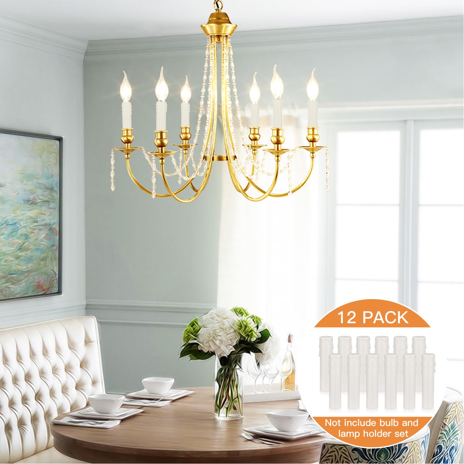 Helunsi 12 Pack 4 Inch White Plastic Chandelier Candle Sleeves - E12 Candelabra Base Covers for DIY Lamp Replacement - Perfect for Dining Room, Bedroom & Wedding Decor Lighting Accessories