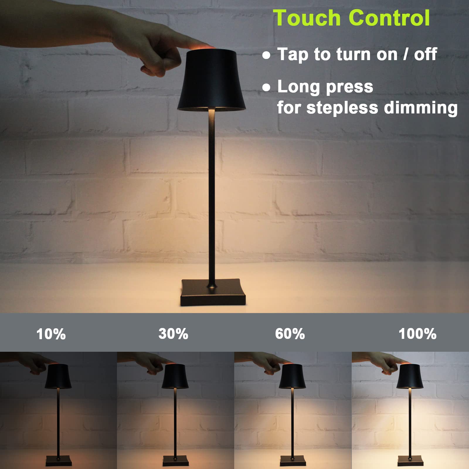 Rechargeable Cordless Table Lamp - IP54 Waterproof Battery Operated Touch Control Desk Light for Indoor & Outdoor Use - Perfect for Bedroom, Restaurant, Bar, Buffet, Camping, and Emergency Lighting - White