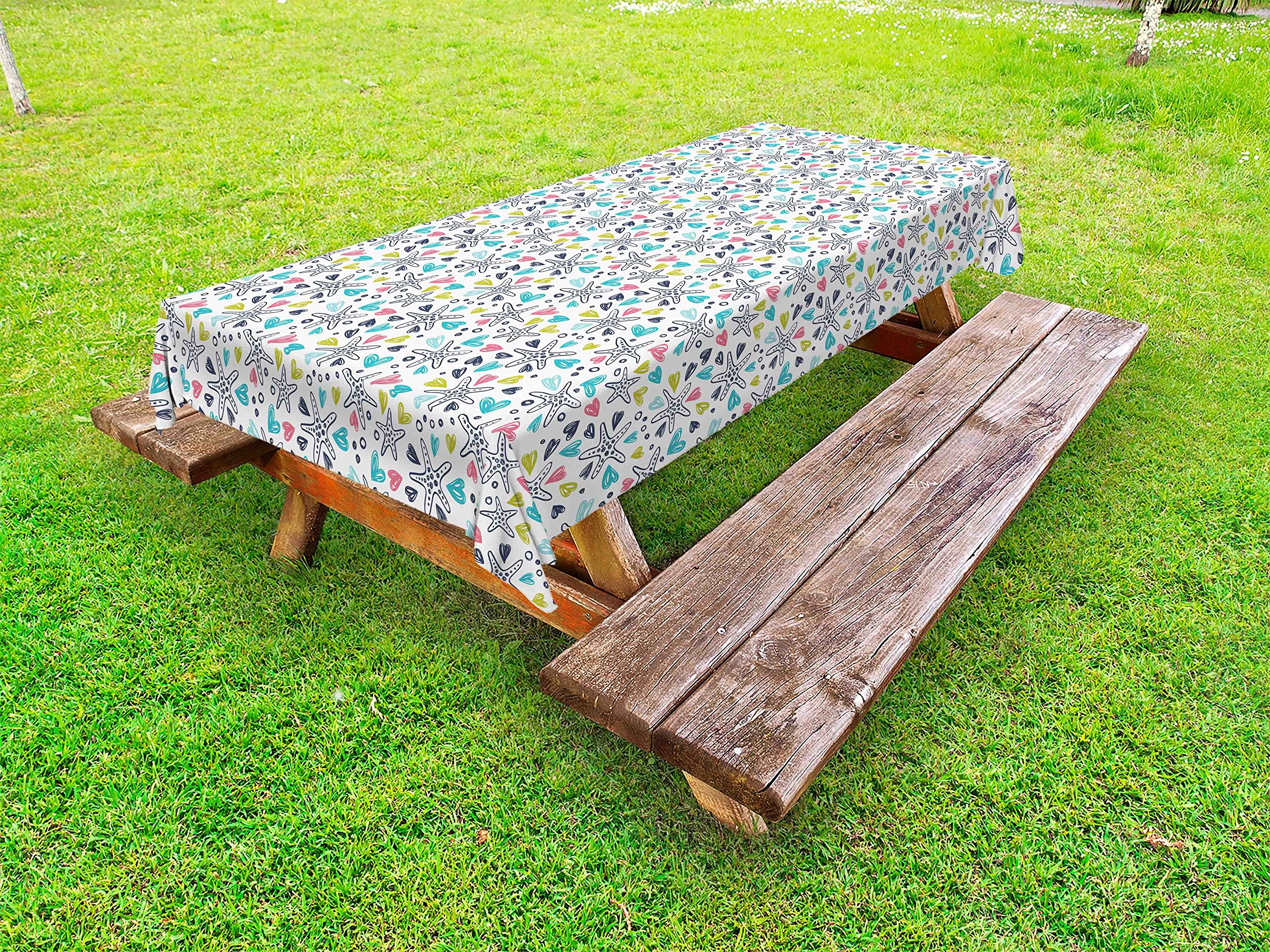 Ambesonne Starfish Outdoor Tablecloth - Hand Drawn Colorful Sea Life Design with Subaquatic Animal Doodles, Washable Picnic Table Cover 58x120 Inches, Multicolor - Perfect for Beach Parties, Backyard BBQs and Outdoor Dining