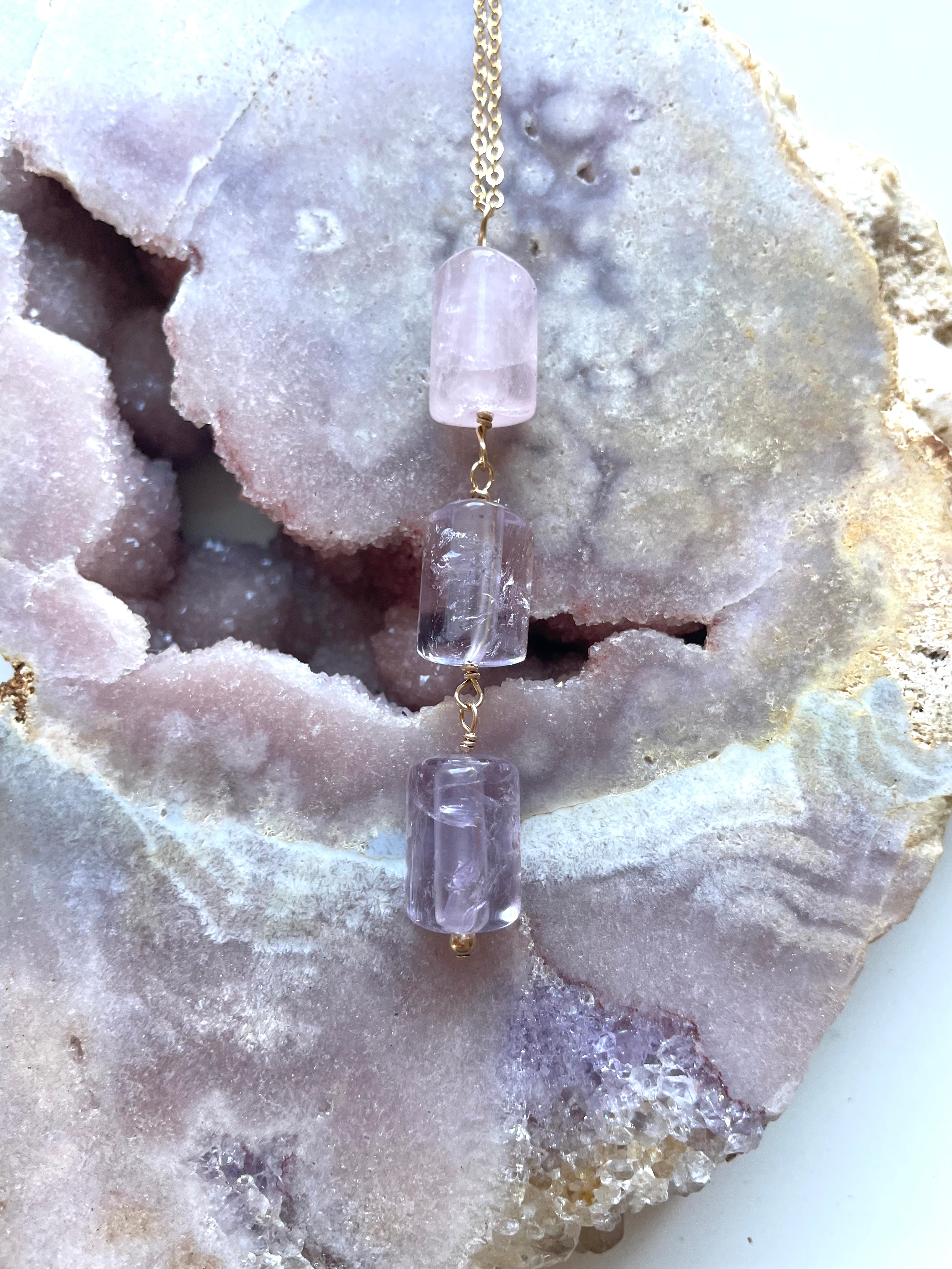 Rose Quartz and Amethyst Crystal Gemstone Lariat Necklace - Elegant Healing Jewelry for Women, Perfect for Meditation, Yoga & Spiritual Gifts