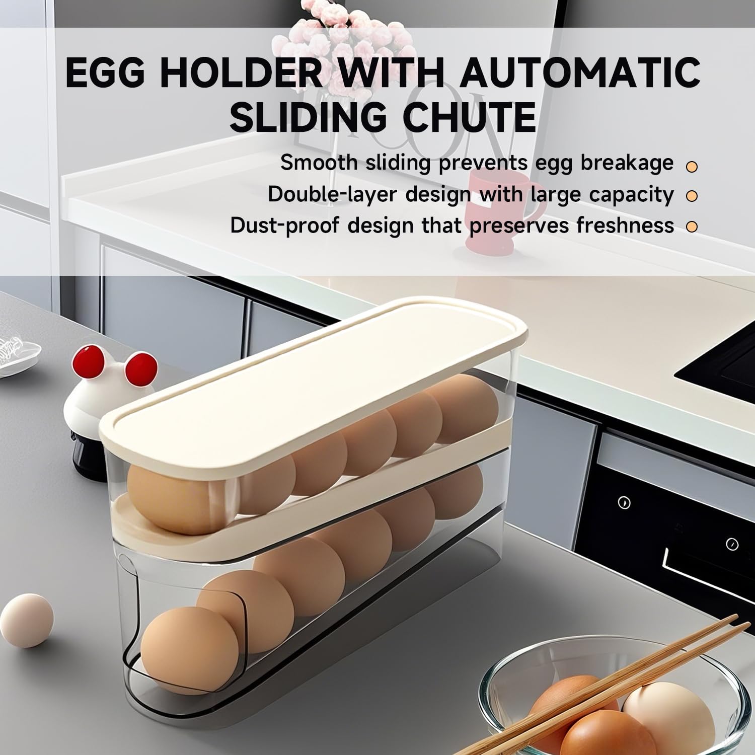 Automatic Rolling Egg Holder for Refrigerator - Space Saving Egg Dispenser Storage Container for Kitchen Countertop, Pantry & Outdoor Use (3.35