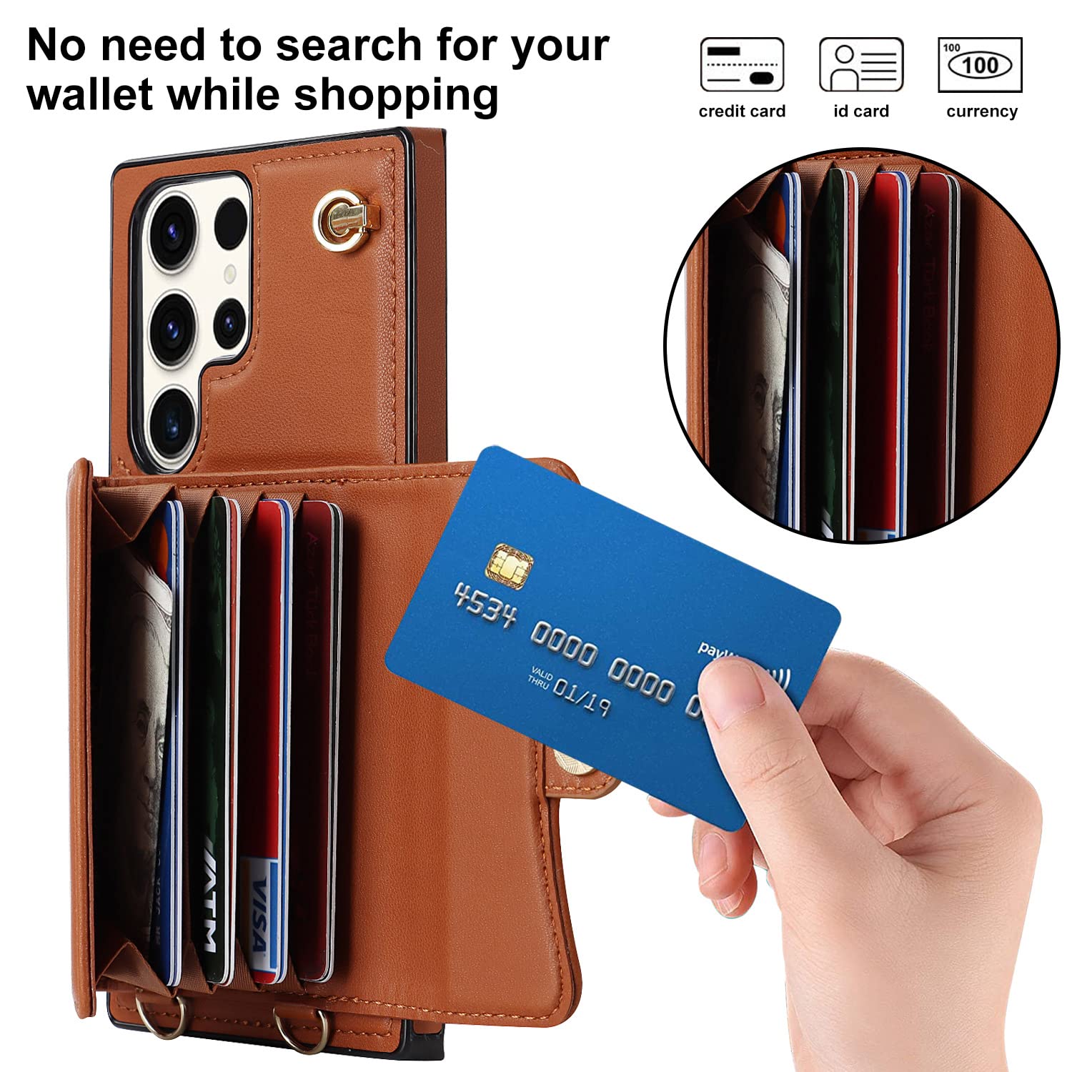 Leather Crossbody Wallet Case for Samsung Galaxy S22 Plus - Credit Card Holder with Kickstand & Wrist Strap - Magnetic Closure Flip Phone Purse Cover for Women (Brown) | Perfect for Travel, Shopping & Everyday Use