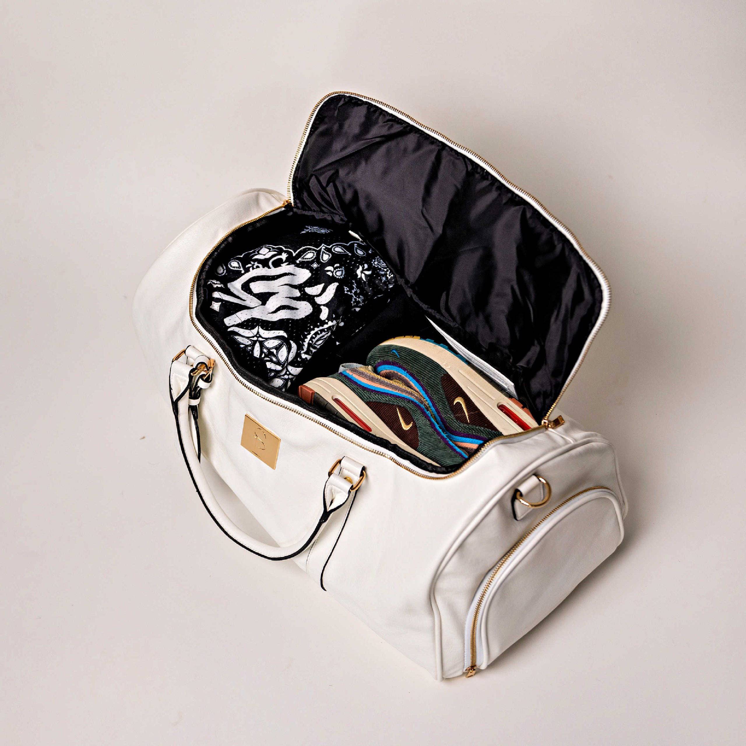 Premium White Tumbled Leather Duffle Bag - Stylish Weekender Travel Bag for Men & Women - Perfect for Gym, Weekend Getaways & Business Trips