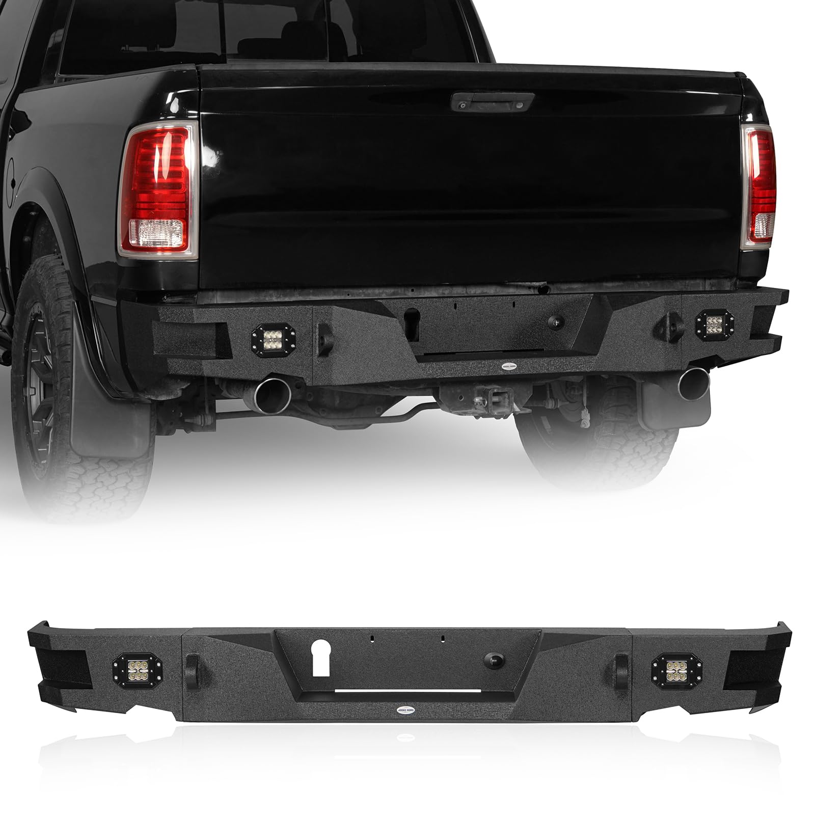 Hooke Road Heavy Duty Steel Rear Bumper with LED Lights for 2009-2023 Dodge Ram 1500 Pickup Truck | Back Step Bumper Replacement | Off-Road Protection & Towing Enhancement