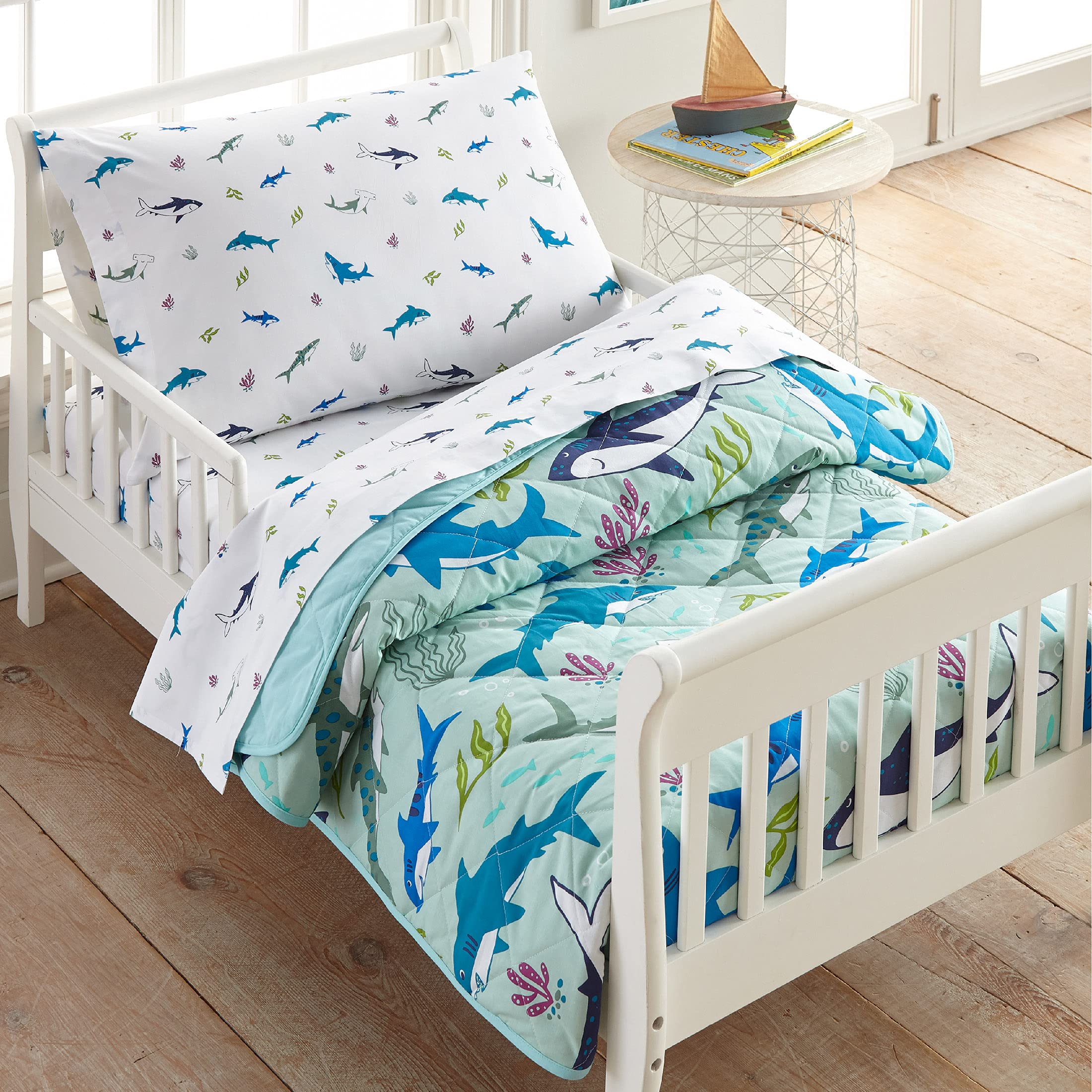 Wildkin 100% Cotton 4-Piece Toddler Bed-in-A-Bag Set for Boys & Girls - Comforter, Flat Sheet, Fitted Sheet & Pillowcase - Shark Attack Design - Soft & Cozy Nursery Bedding for Toddler Beds & Cribs - Perfect for Bedtime, Naptime & Playtime