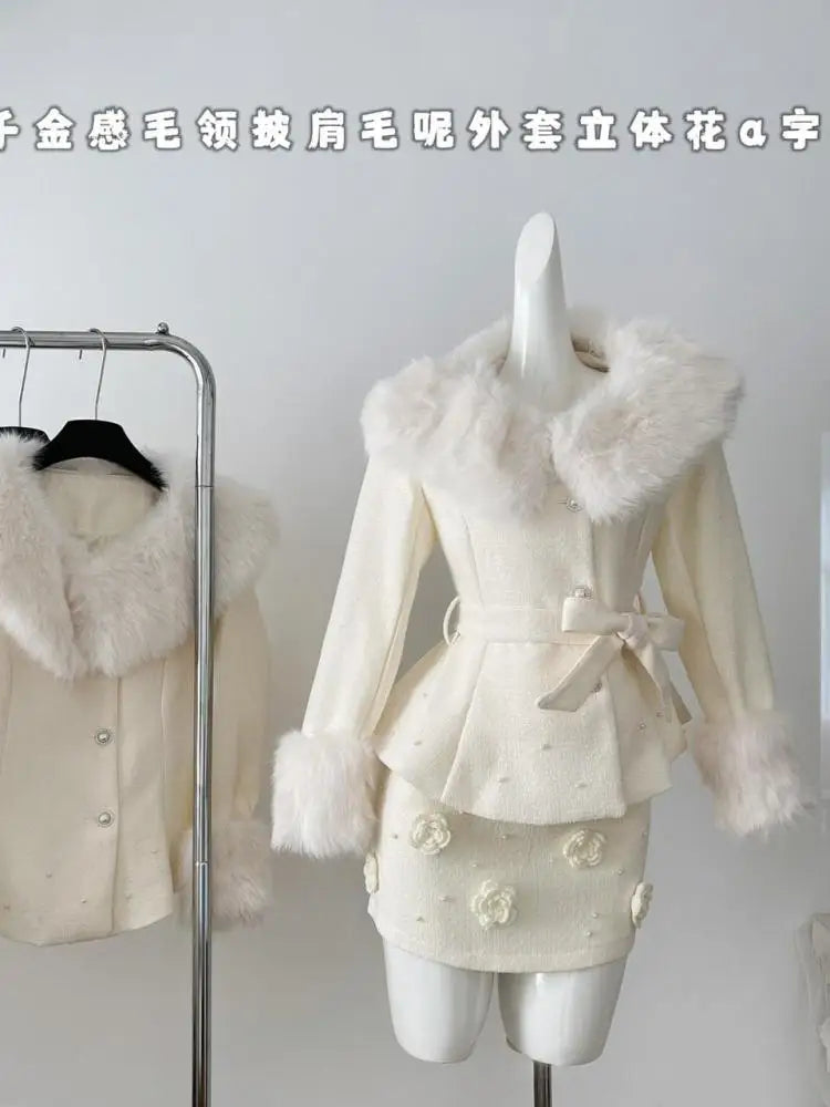 2024 New Women's Autumn Winter Retro Beige Plush Wool Coat & Floral Mini Skirt Two-Piece Set - Warm Office Outfit & Holiday Party Dress