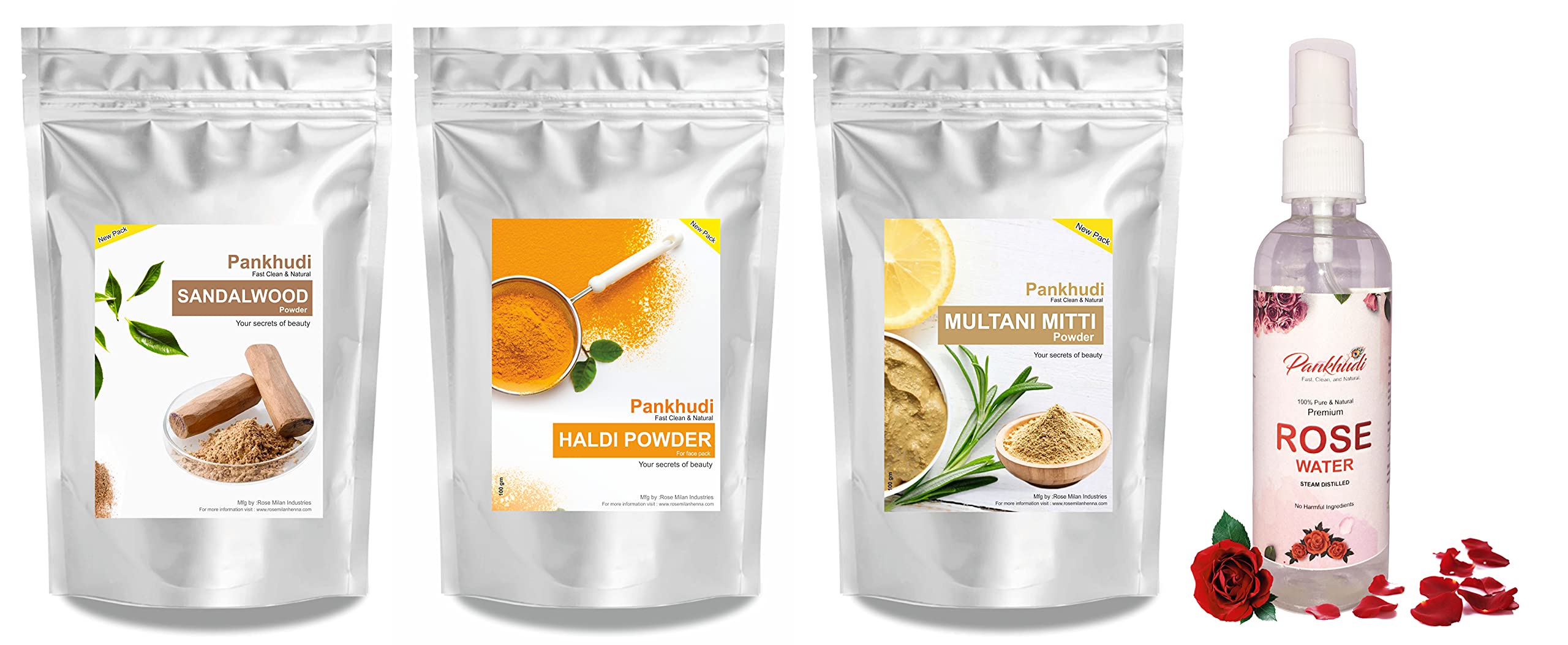 Pankhudi Multani Mitti, Kasturi Turmeric Powder & Sandalwood Powder Combo Pack (100G Each) with FREE Pure Rose Water (100ml) - Natural Ayurvedic Skincare for Glowing Face, Body & Hair Care