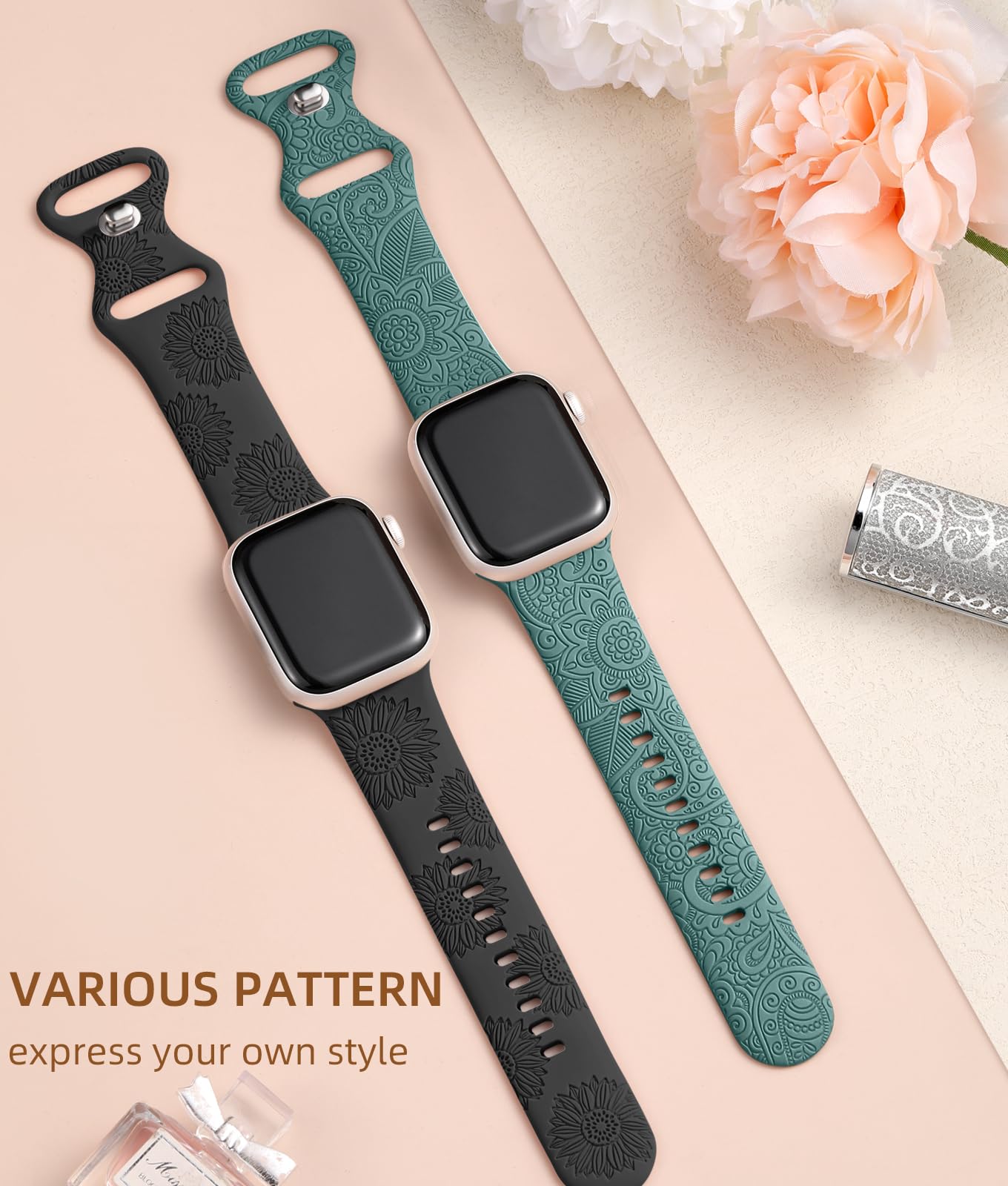 Floral Engraved Soft Silicone Apple Watch Band for Women - Compatible with 38mm 40mm 41mm 42mm 44mm 45mm 46mm 49mm iWatch Series 10/9/8/7/6/SE/Ultra - Cute Sport Strap for Workout, Running & Daily Wear