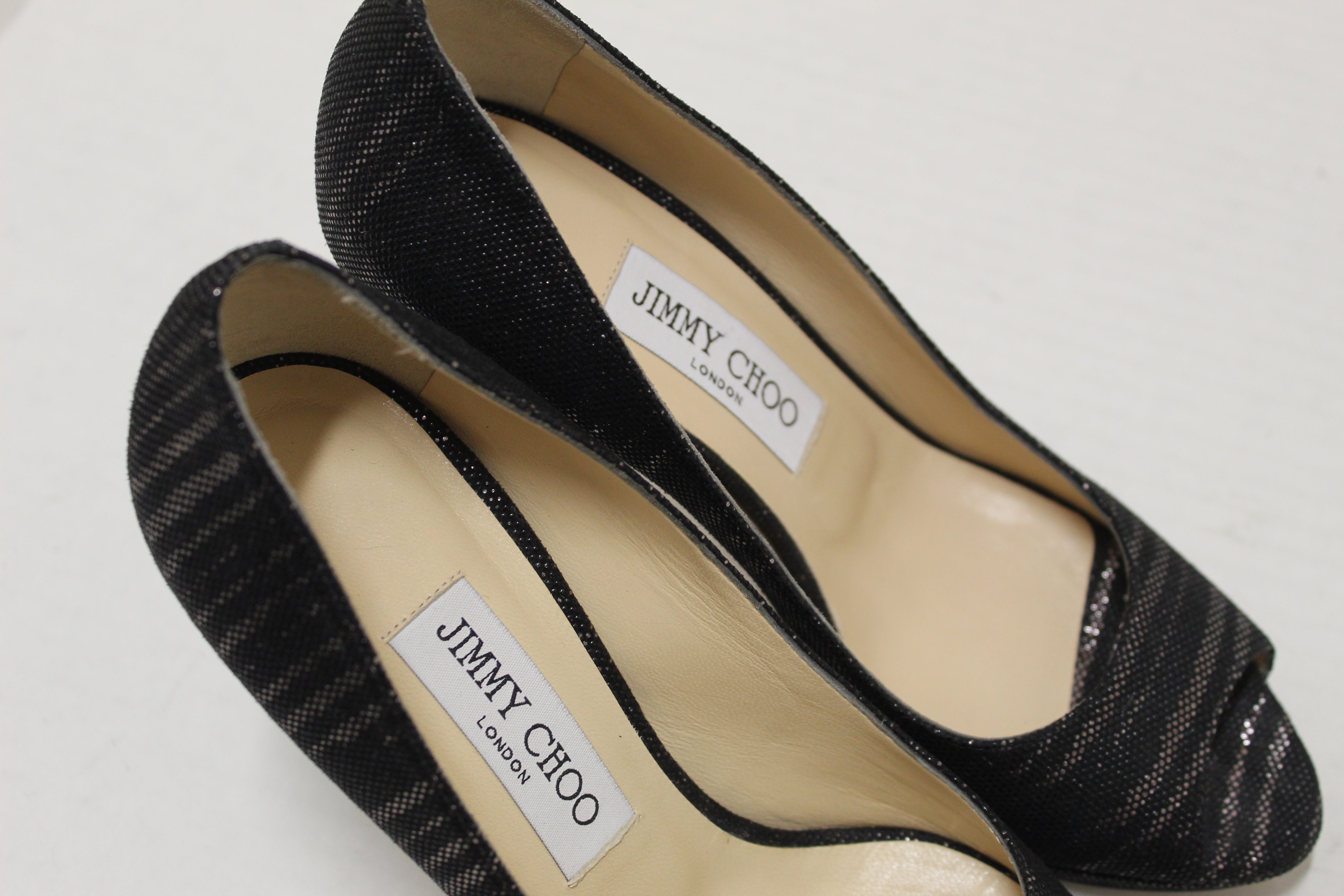 Authentic Jimmy Choo Black & Gold Canvas Open-Toe Pumps - Women's Size 37 (US 7) | Luxury Designer Heels for Weddings, Parties & Evening Events
