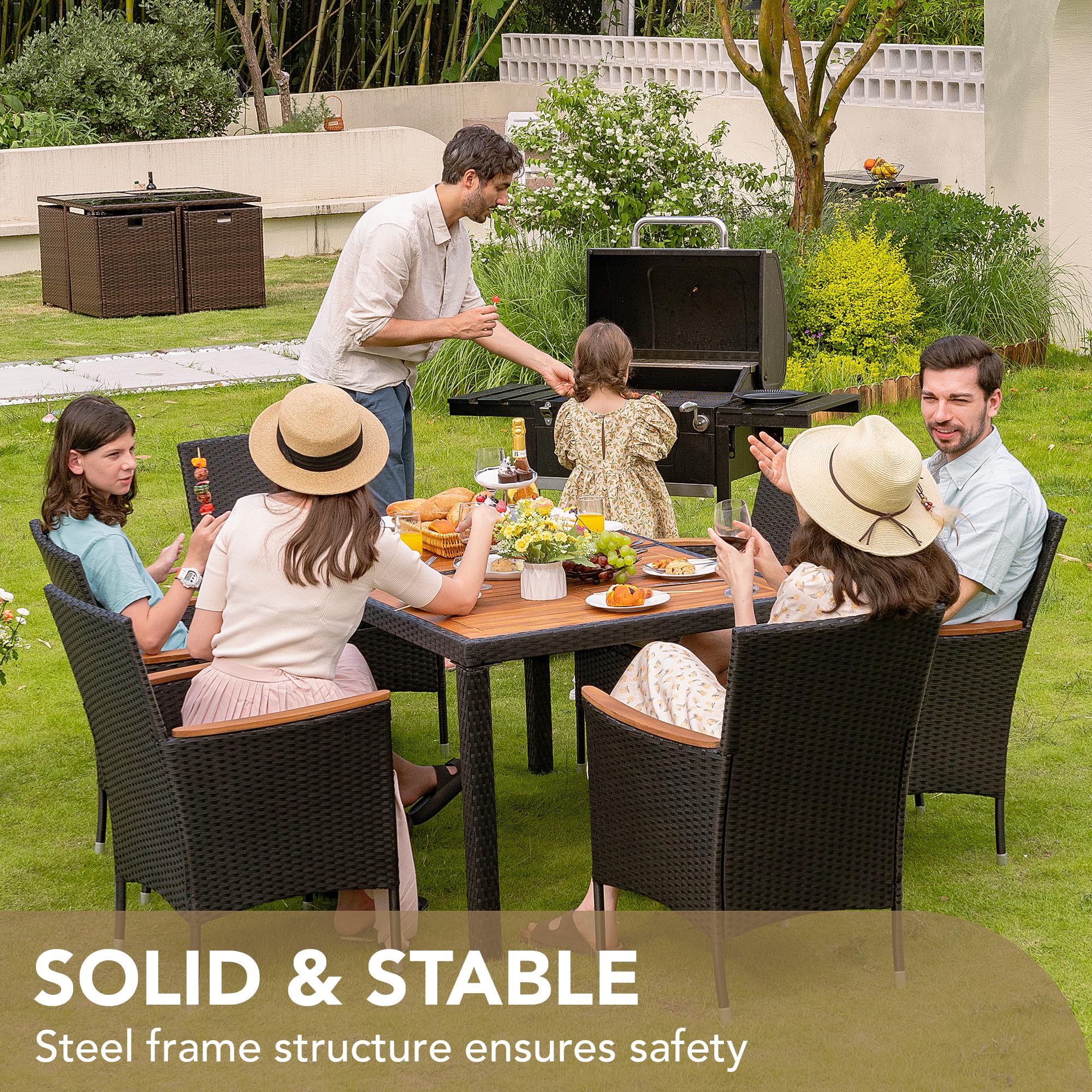 Devoko 7-Piece Outdoor Dining Set - Acacia Wood Table & Rattan Chairs, Black Patio Furniture for Garden, Backyard, Poolside & BBQ Parties
