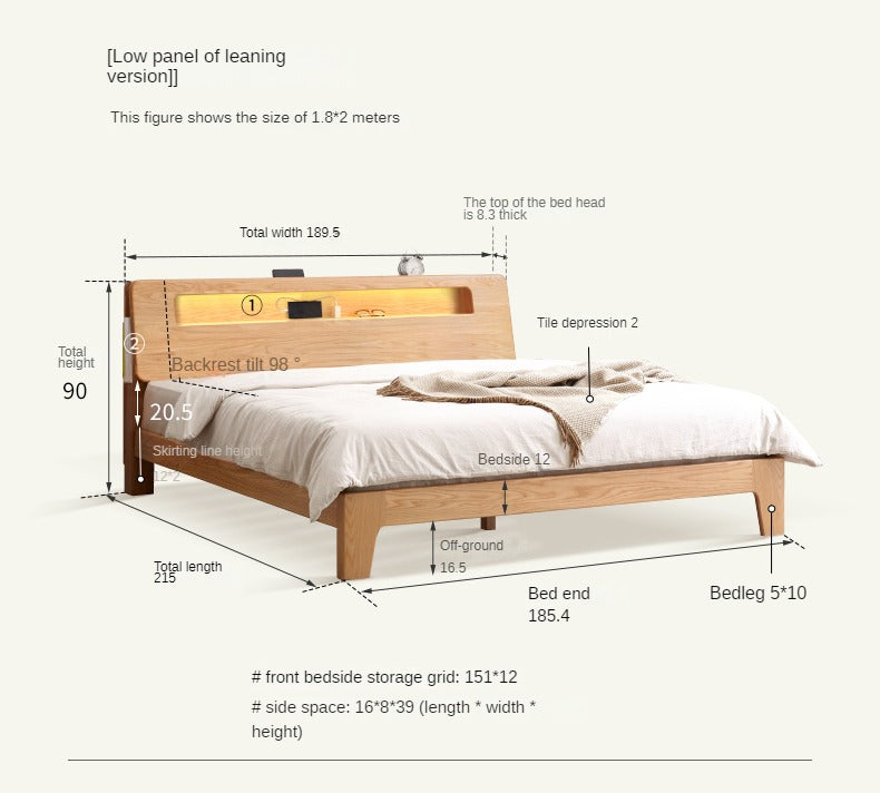 Solid Oak and Beech Wood Bed with Built-in LED Lights and Bookshelf - Modern Bedroom Furniture for Small Spaces, Lofts, and Studio Apartments