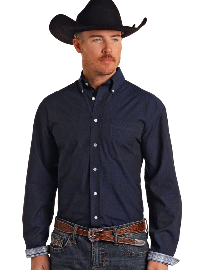 Men's Rough Stock Long Sleeve Snap Shirt - Western Work Shirt with Pearl Buttons - Durable Cotton Shirt for Cowboy, Ranch Work & Outdoor Activities - Navy Blue