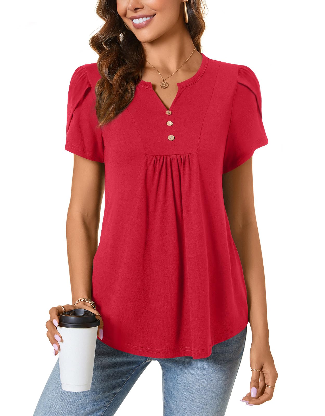 BISHUIGE Women's Casual Summer Tops - V Neck Loose Tunic Blouse with Button Detail, Ruffle Sleeves & Pleated Design | Perfect for Beach Outfits, Vacation Wear & Everyday Casual Style