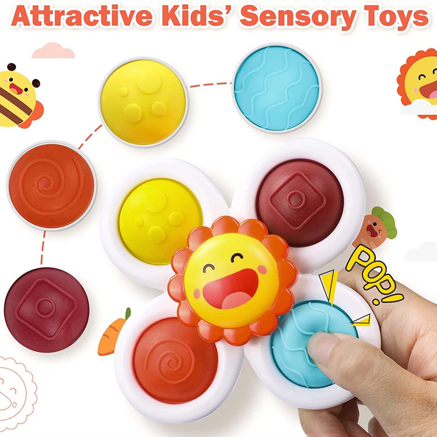 3 Pack Suction Cup Spinner Toys - Stress Relief Fidget Toys for Babies & Kids - Bubble Sensory Rotation Fun for Bath Time, Travel, Restaurants & Parties