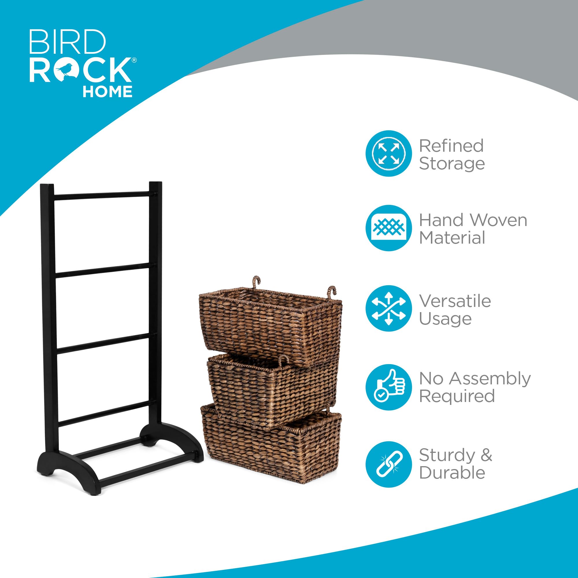 BIRDROCK HOME 3-Tier Storage Shelf with Solid Wood Frame & Handwoven Abaca Baskets - Durable Organizer for Living Room, Bedroom, Kitchen - Natural Brown & Espresso Finish - Perfect for Storing Blankets, Toys, Books & Kitchen Essentials