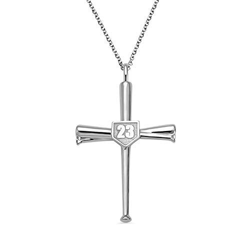 Personalized Baseball Bat Cross Necklace with Initial & Number - 925 Sterling Silver/Brass Sports Jewelry for Men, Fathers & Boys | Perfect Gift for Baseball Fans, Athletes & Graduation