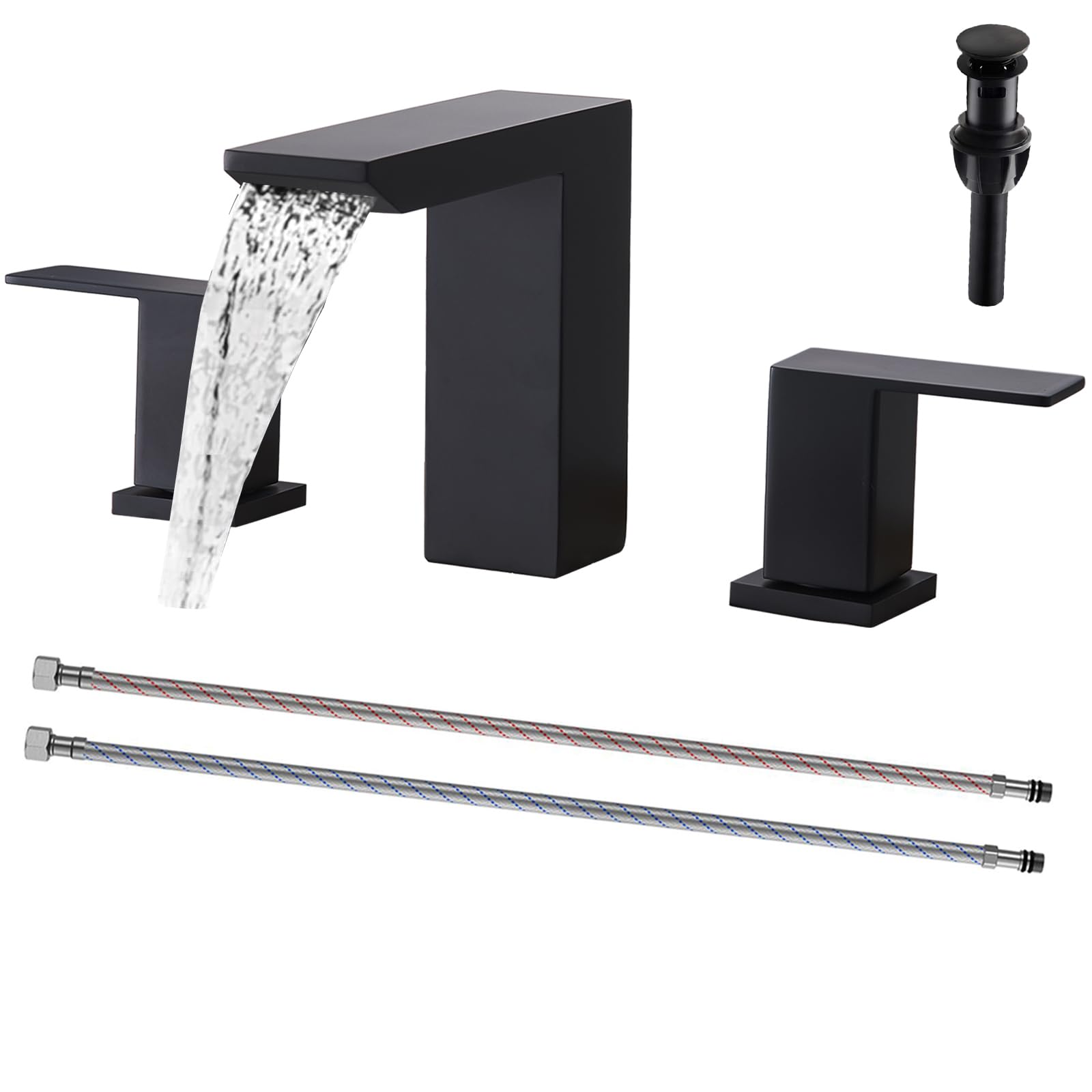 8 Inch Matte Black Widespread Bathroom Faucet - 3 Hole Waterfall Vanity Sink Faucet with Pop-Up Drain & Hoses | Perfect for Bathroom Vanity, RV, and Modern Home Decor