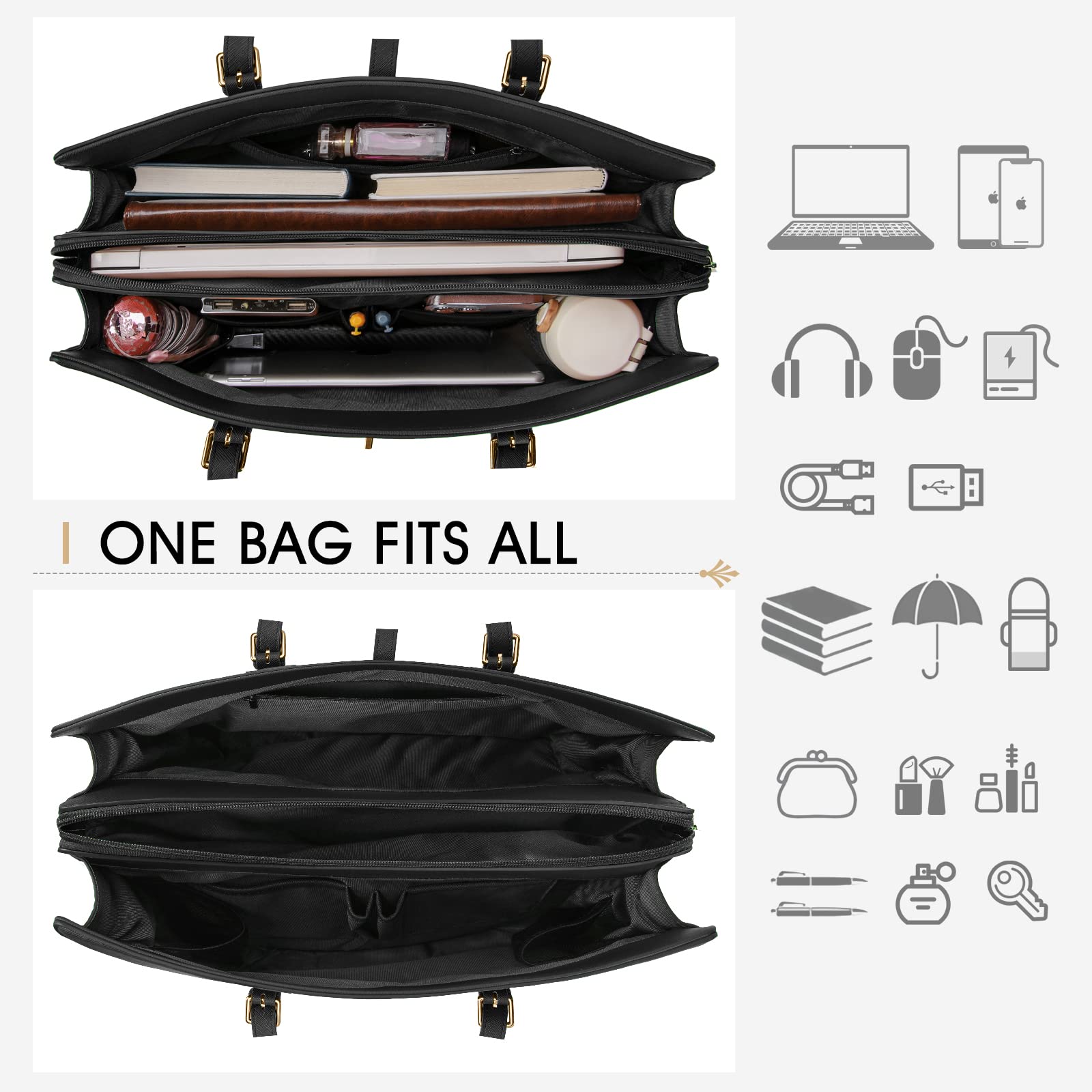 15.6 Inch Leather Laptop Tote Bag for Women - Waterproof Lightweight Professional Business Office Shoulder Bag - Large Travel Handbag for Work, Commute, and Meetings - Black
