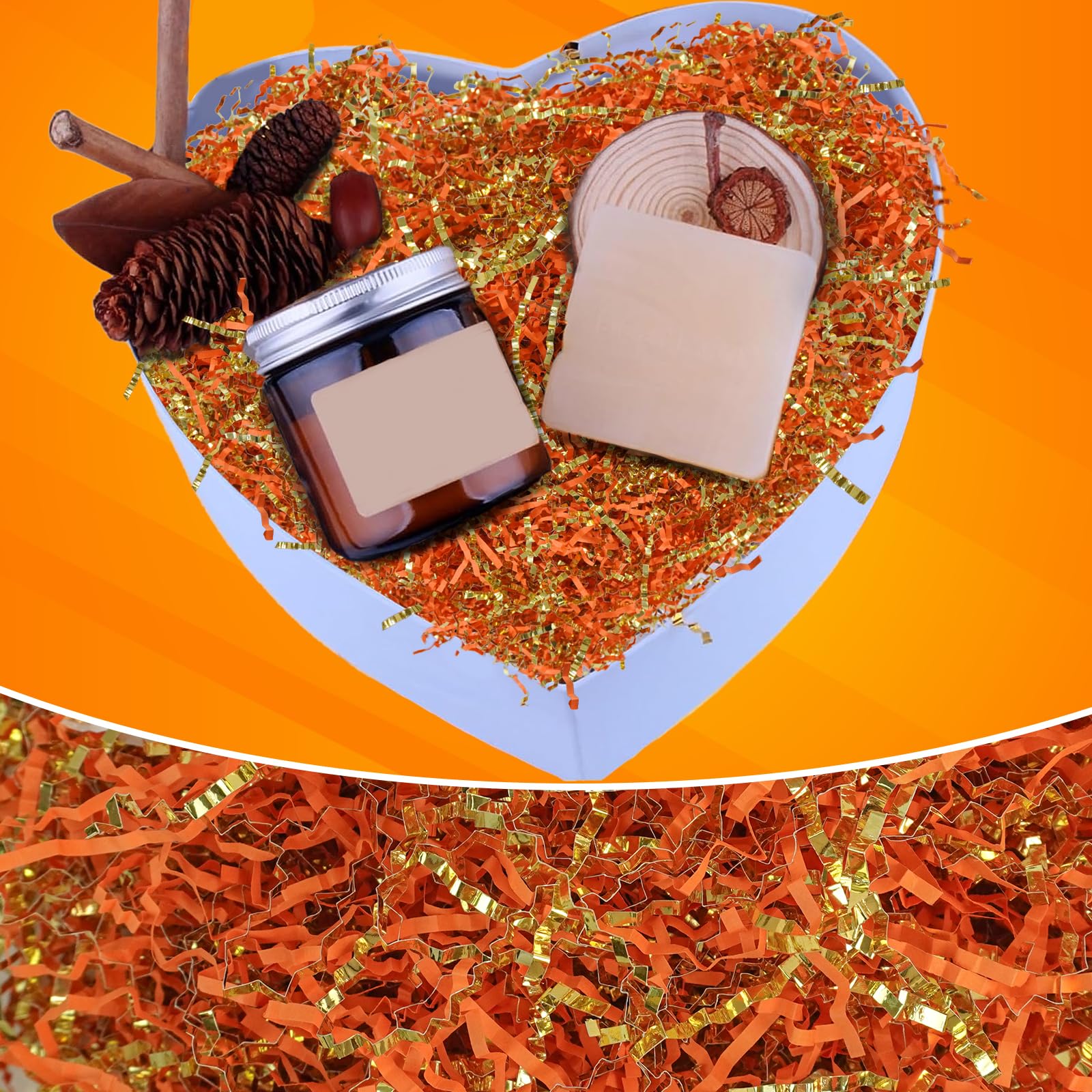 TORONTOKYO 2 LB Crinkle Cut Shredded Paper - Orange & Gold Gift Wrapping Filler, Basket Stuffing for Fall, Thanksgiving, Birthday, Wedding & Party Decorations | Perfect for Autumn Centerpieces, Gift Baskets, Table Scatters and Seasonal Crafting