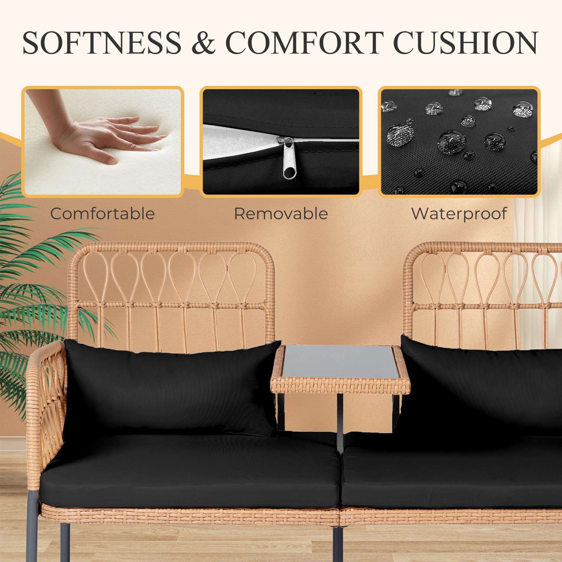 PROHIKER Outdoor Rattan Loveseat 2-Seater with Built-in Table & Cushions - All-Weather Wicker Patio Furniture Set with Lumbar Pillows - Perfect for Balcony, Porch, Garden, Backyard & Poolside Relaxation