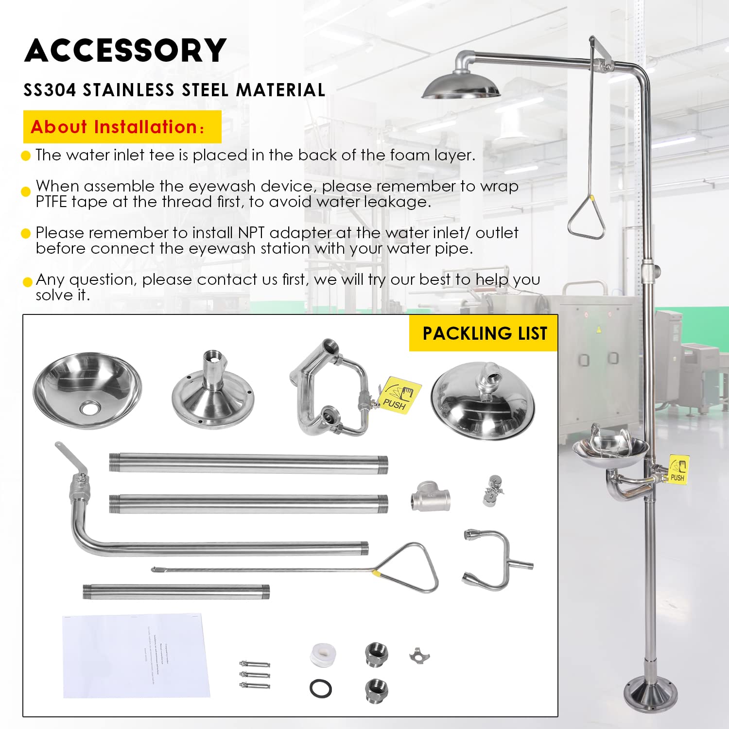 CGOLDENWALL 304 Stainless Steel Emergency Shower & Eyewash Station Combo - ANSI Compliant Safety Equipment with NPT Thread & Eyewash Sign - Ideal for Laboratories, Factories & Chemical Workplaces