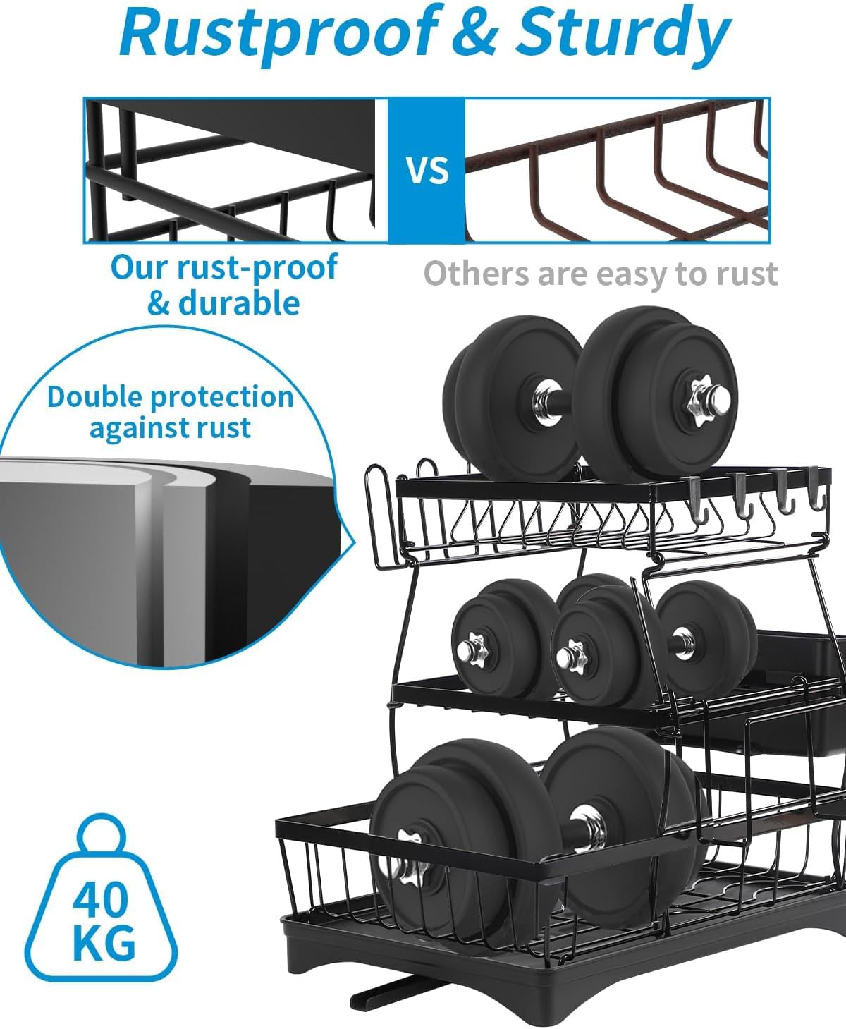NYTRYD 2-Tier Carbon Steel Dish Drying Rack with Drainboard - Large Space Saving Kitchen Organizer for Plates, Cups & Utensils - Perfect for Small Kitchens, Apartments & RV Use